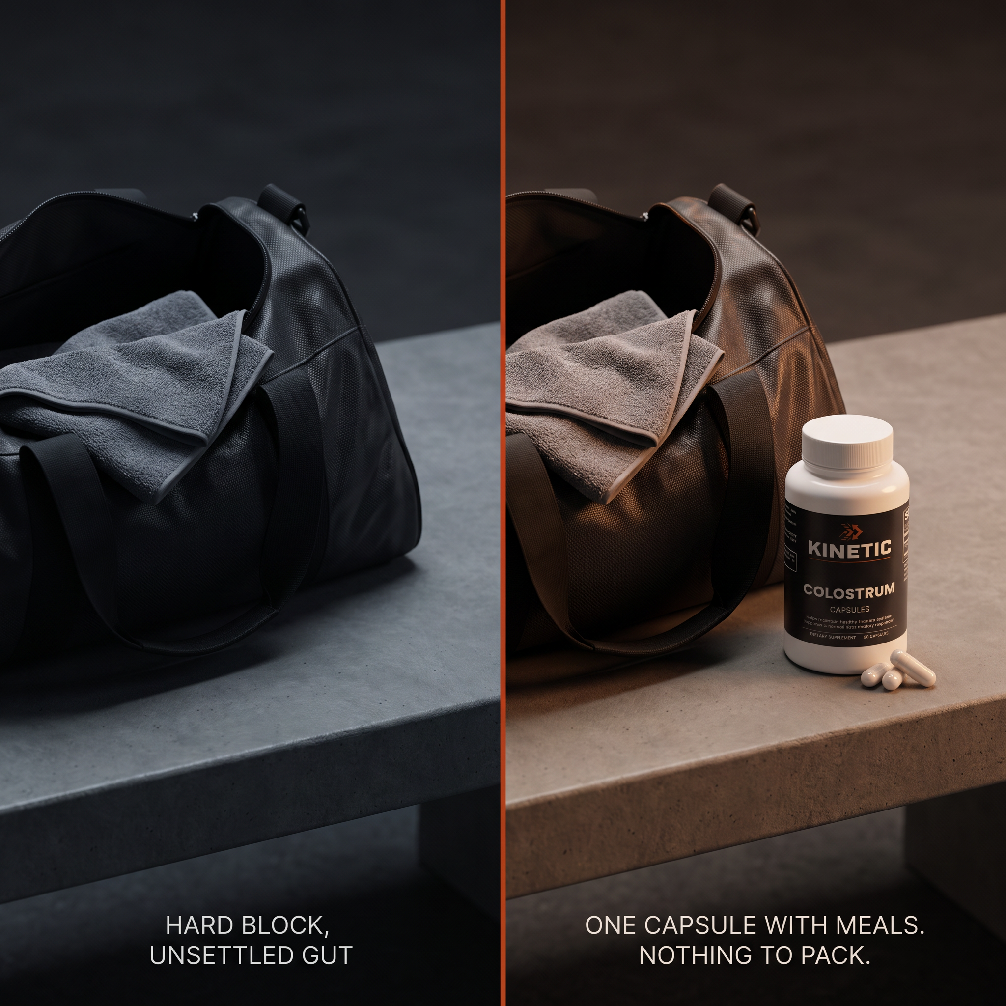 A gym bag without and with KINETIC Colostrum Capsules - one capsule with meals, nothing to pack - v1