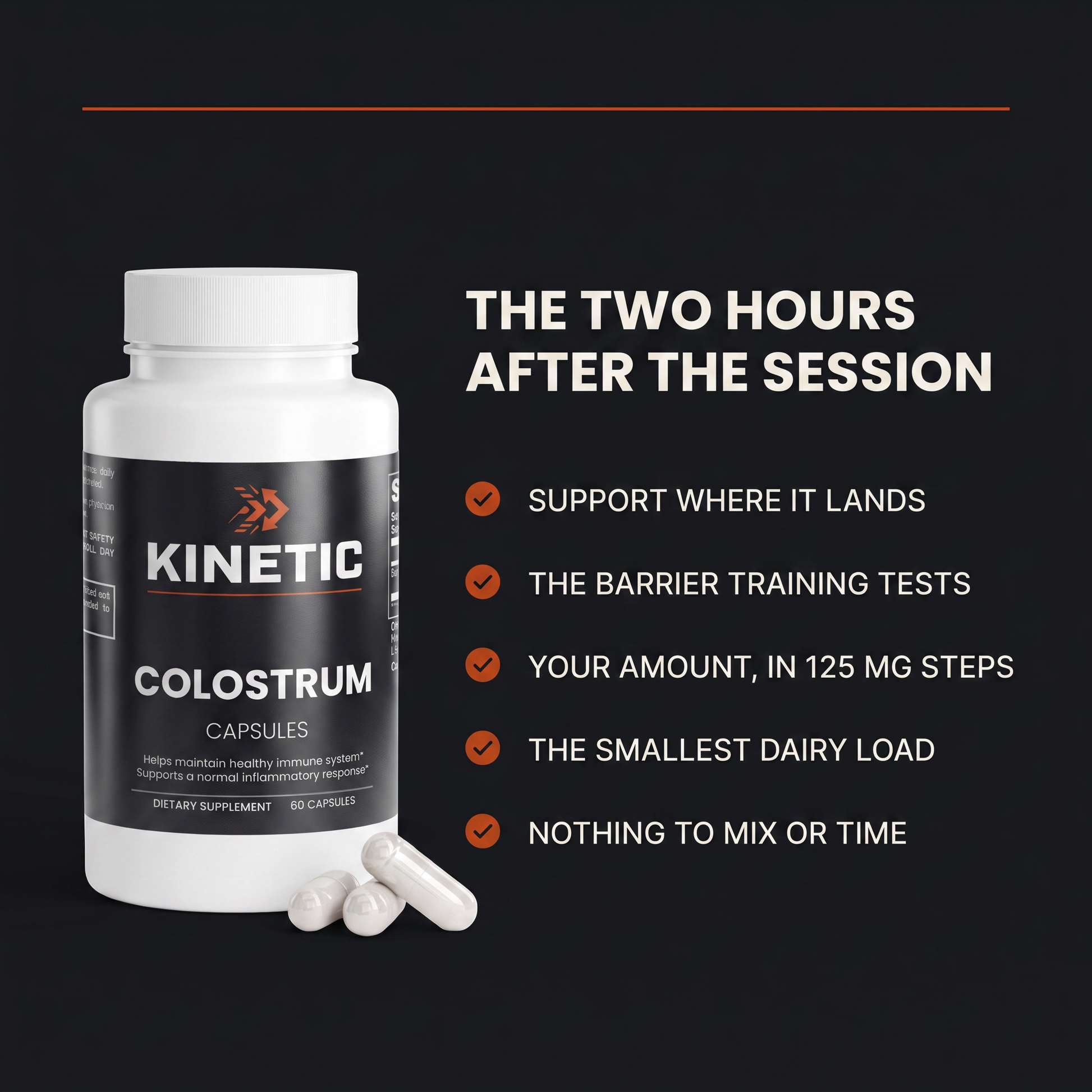 KINETIC Colostrum Capsules benefits panel - support where it lands, the barrier training tests, your amount in 125 mg steps, the smallest dairy load, nothing to mix or time - v1