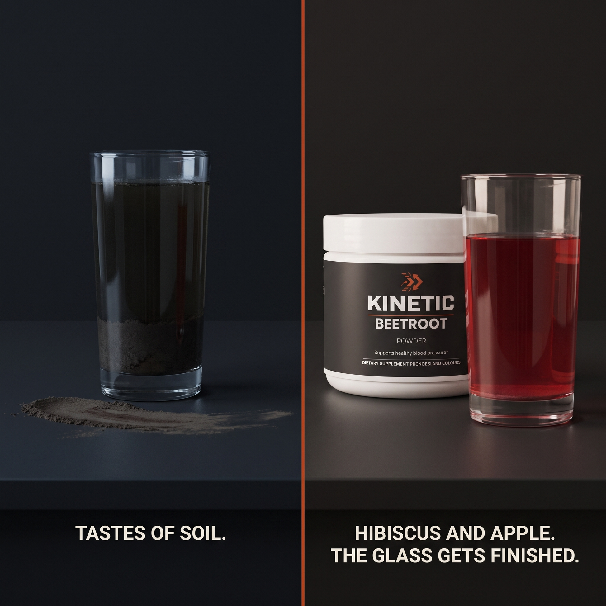 An earthy beet drink left standing beside the KINETIC Beetroot Powder tub and a finished glass - generated-v1