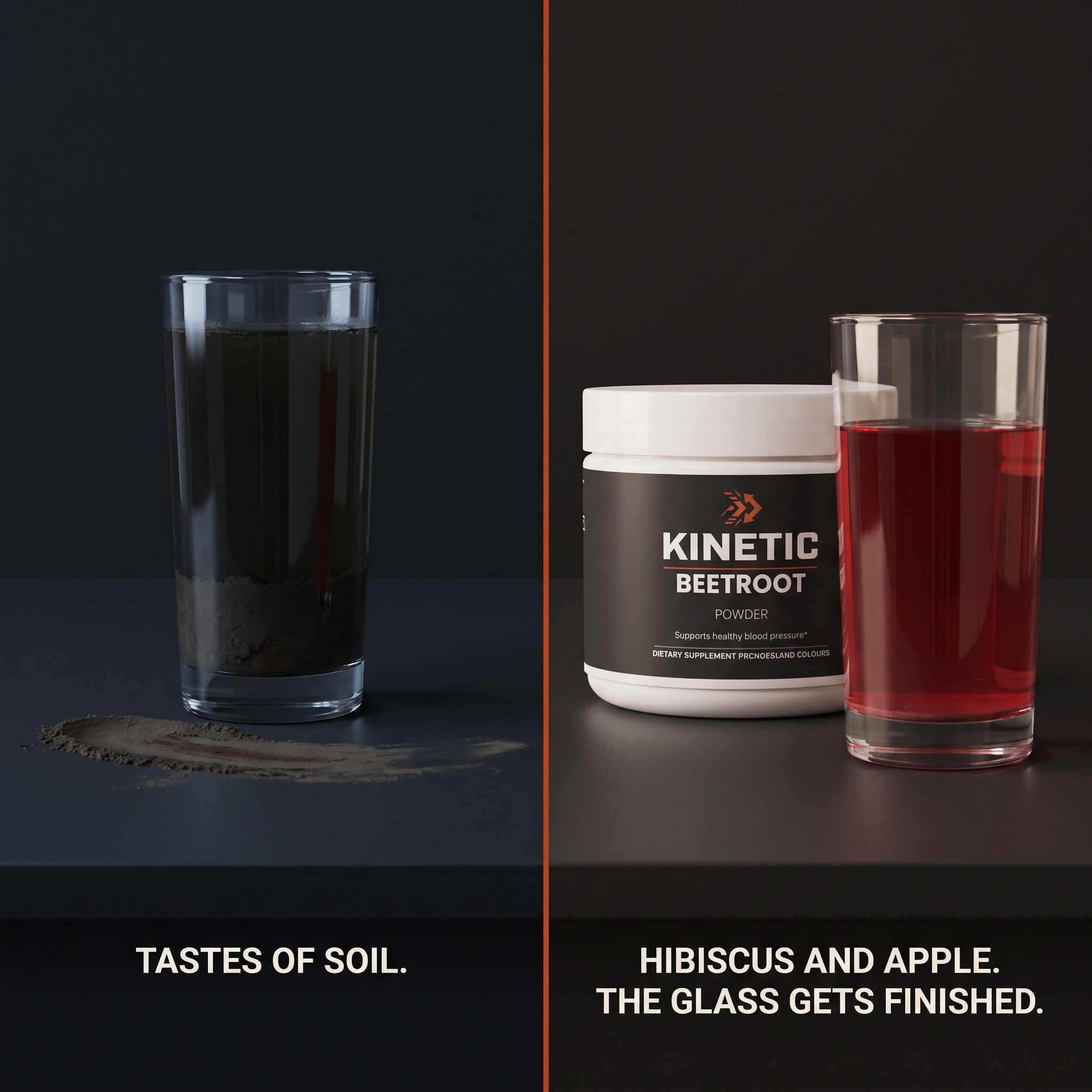 An earthy beet drink left standing beside the KINETIC Beetroot Powder tub and a finished glass - generated-v1
