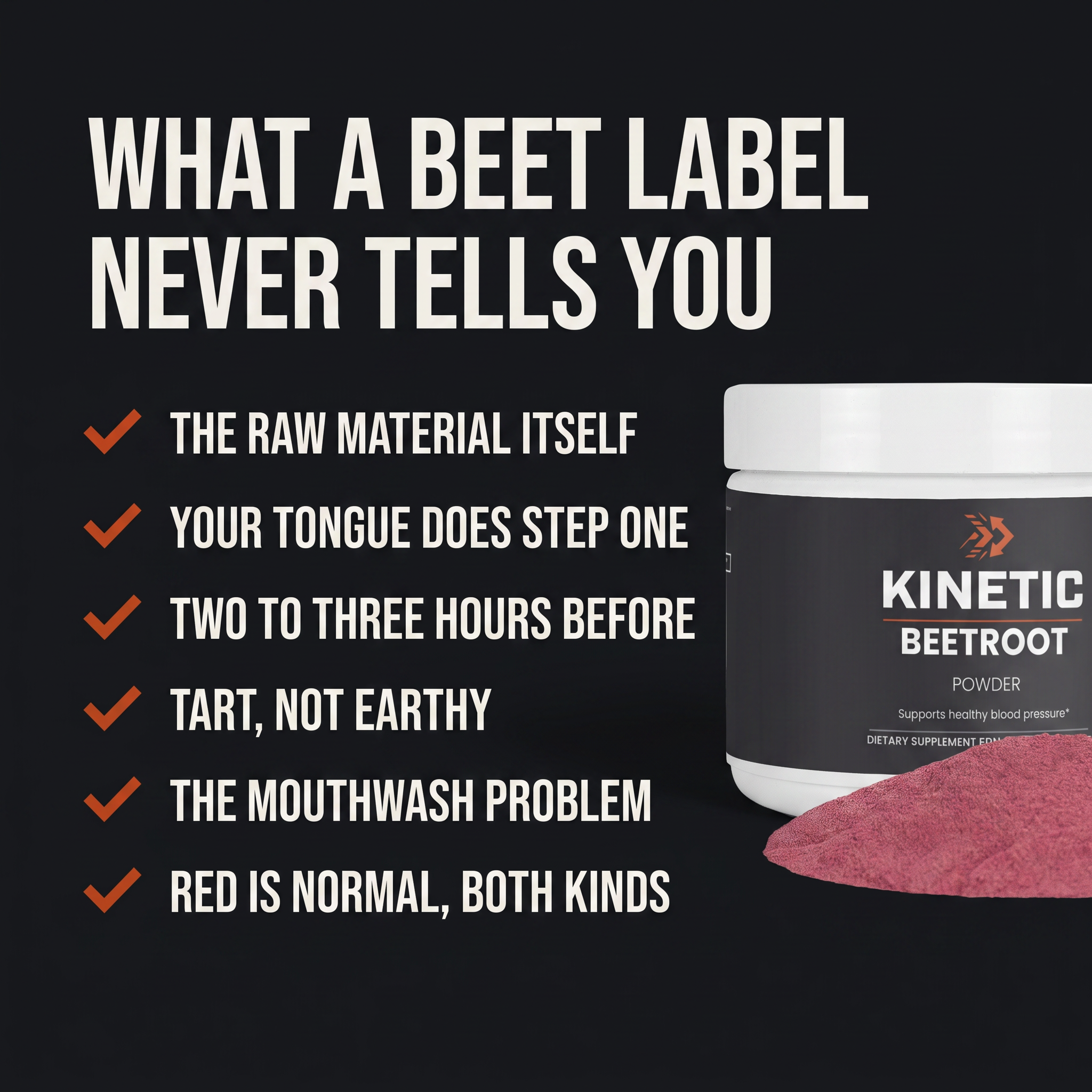 Six benefits of KINETIC Beetroot Powder listed beside the 97.5 g tub - generated-v1