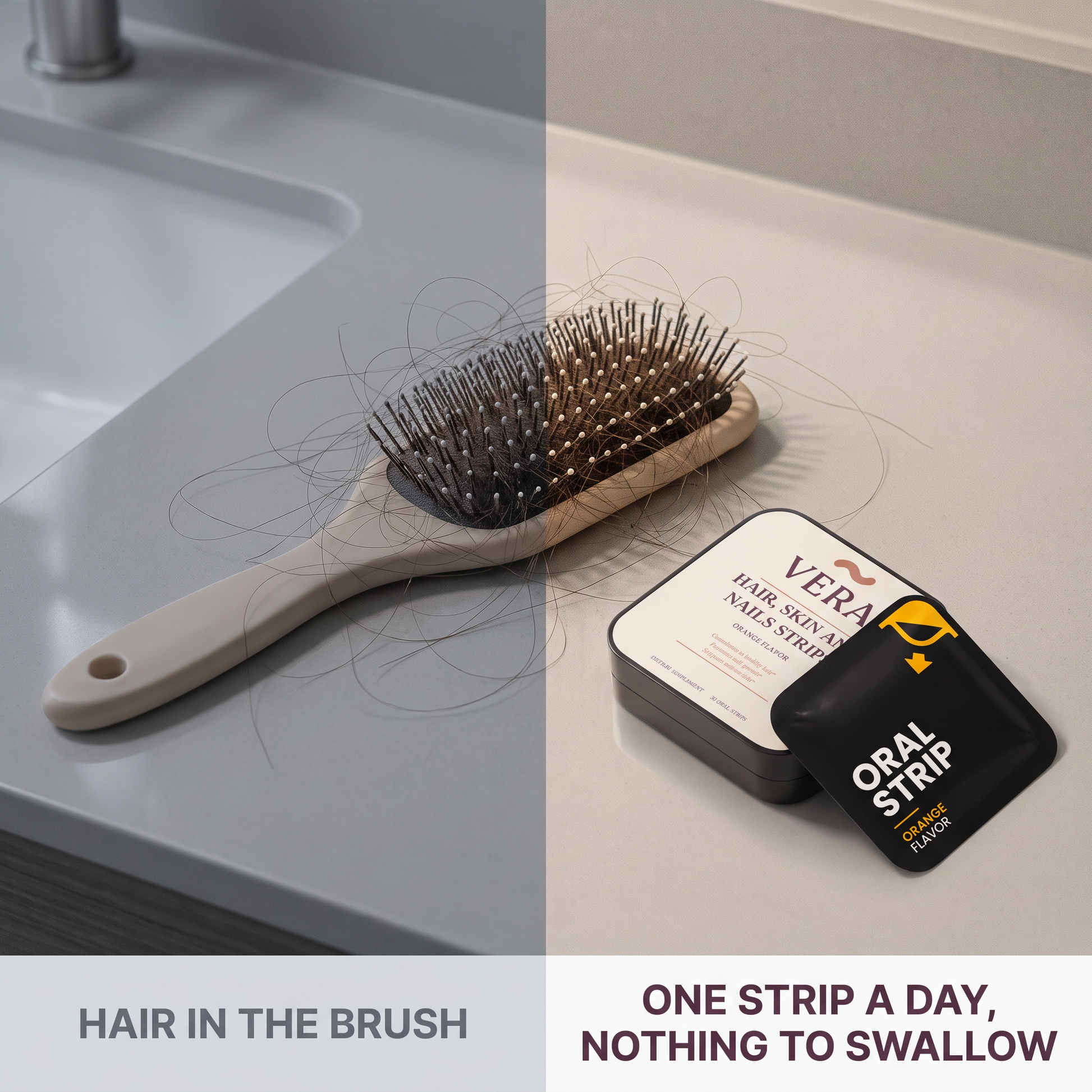 Hair in the brush; one strip a day, nothing to swallow
