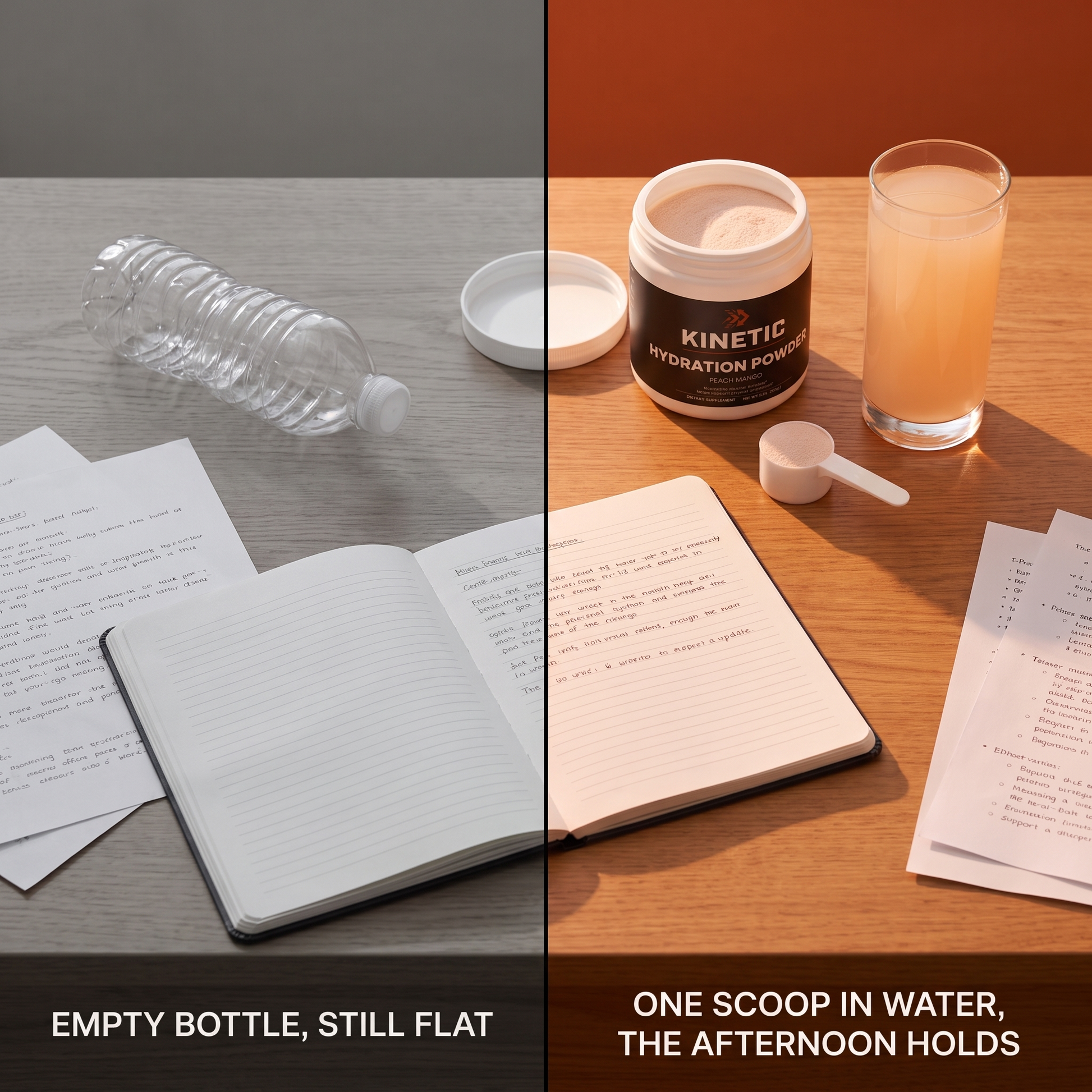 One scoop in water, the afternoon holds (kinetic-hydration-gallery-split-v1)