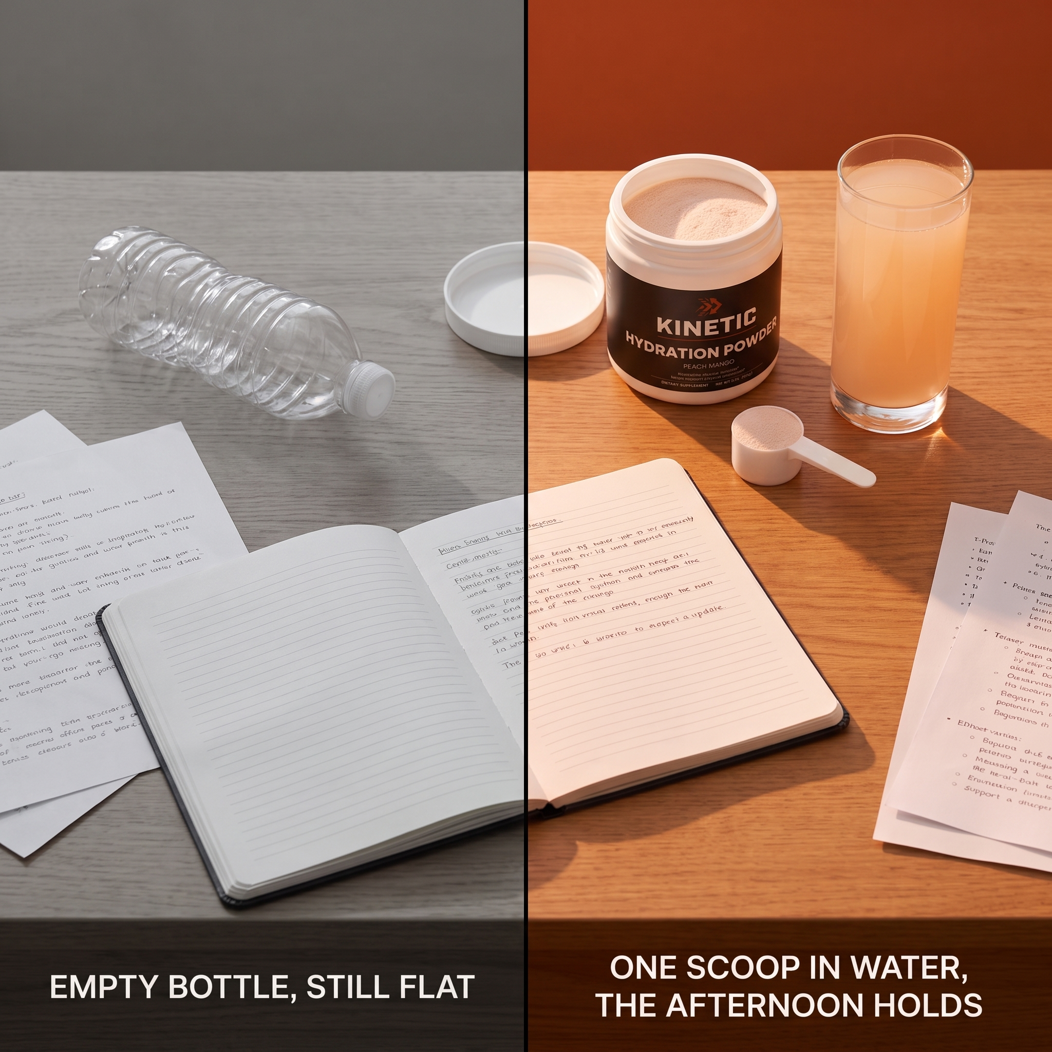 One scoop in water, the afternoon holds (kinetic-hydration-gallery-split-v1)