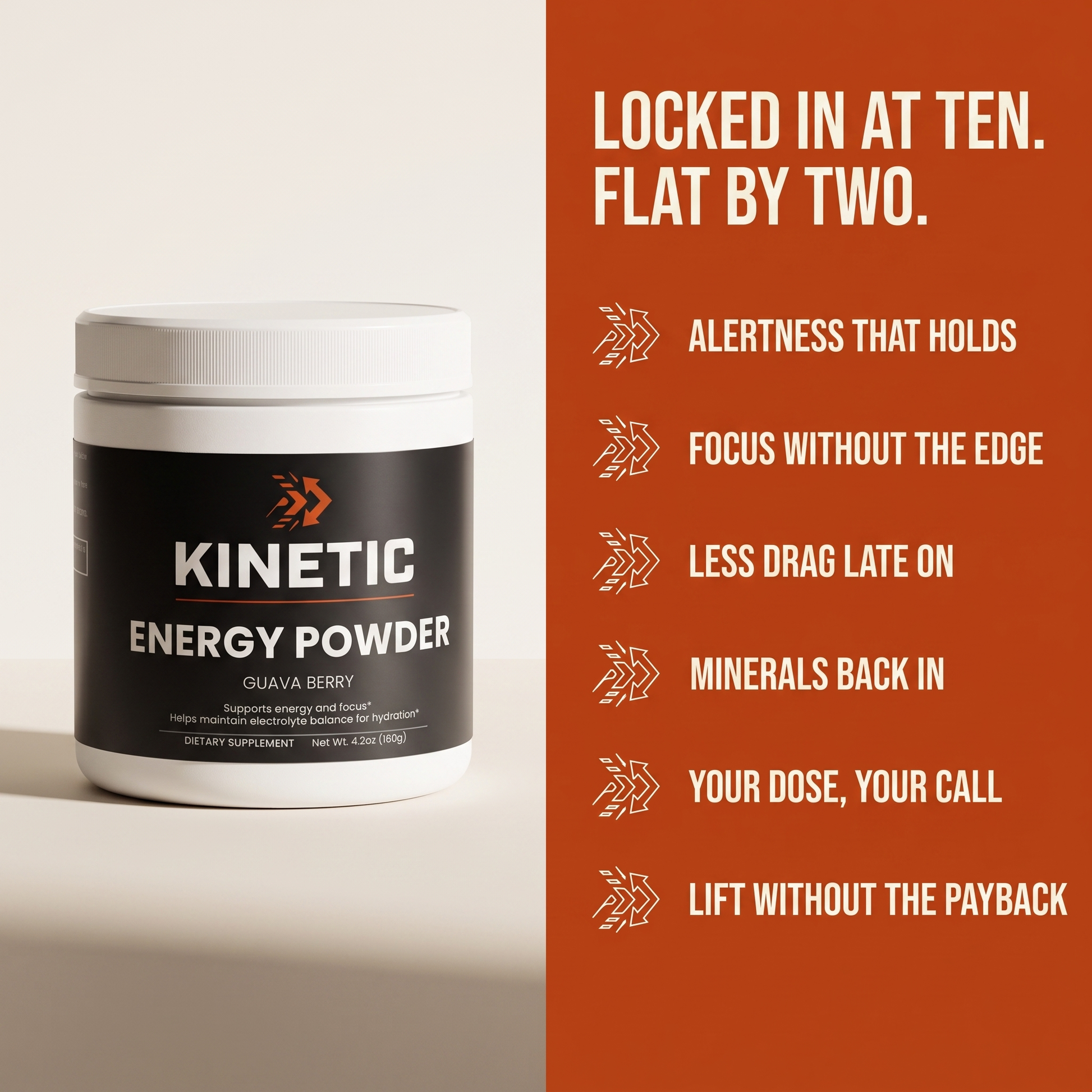 Locked in at ten. Flat by two. — six benefits of KINETIC Energy Powder