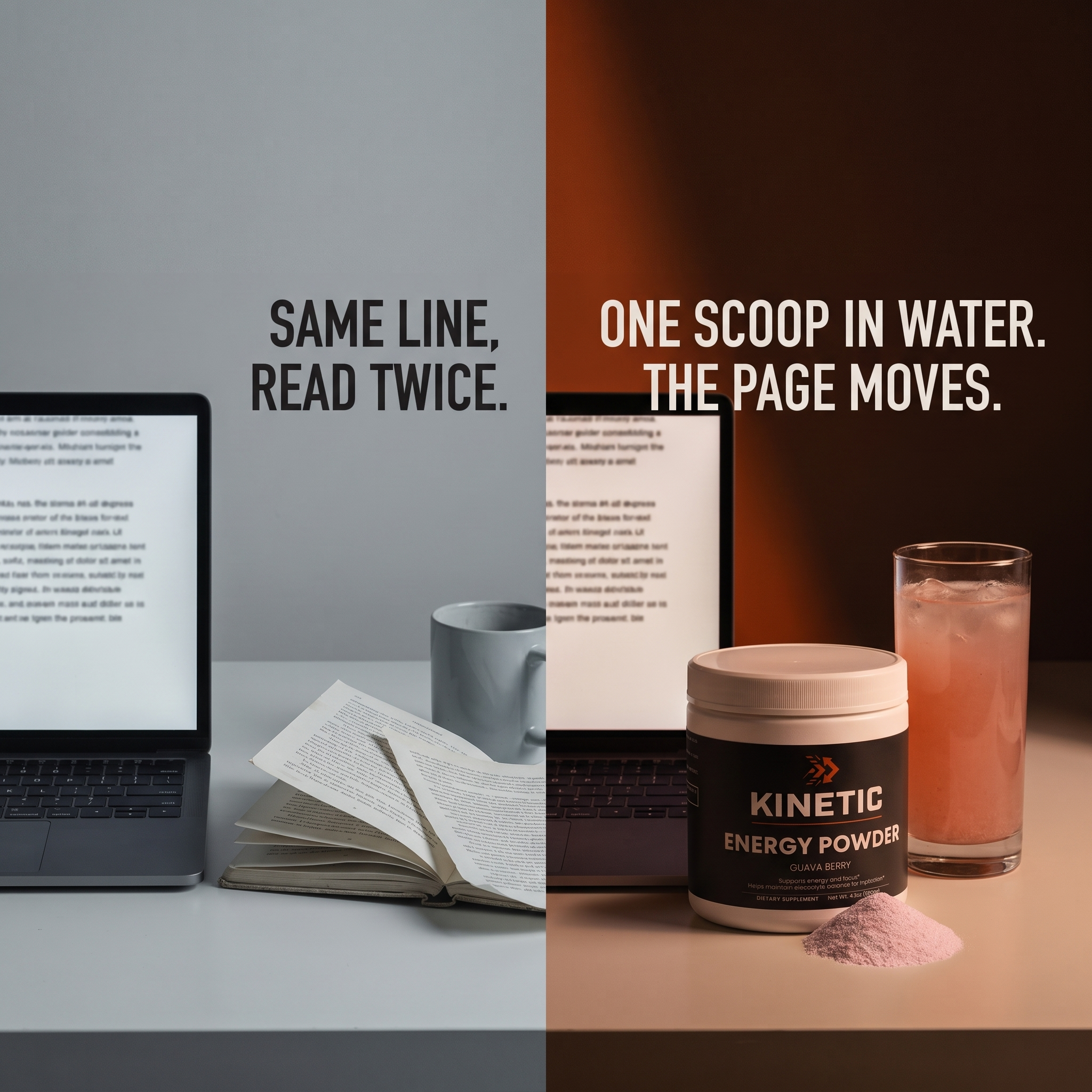 Same line, read twice. One scoop in water and the page moves.