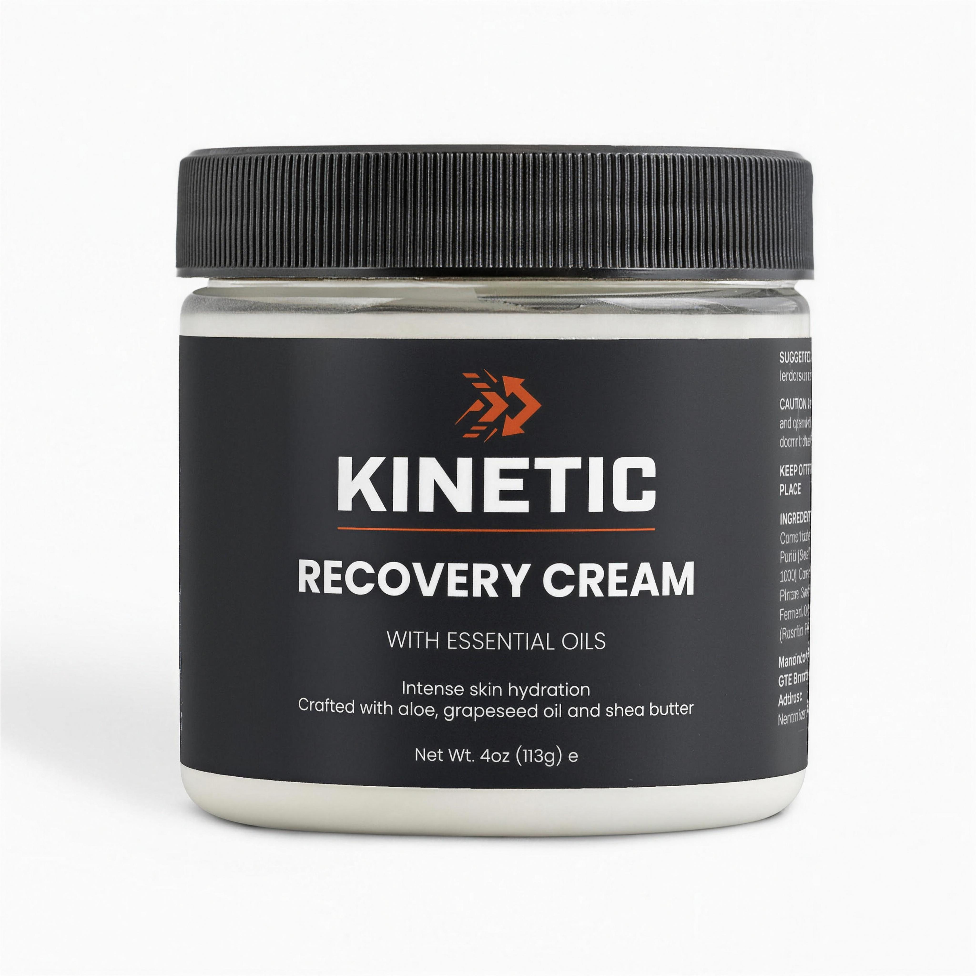 KINETIC Recovery Cream with menthol and aloe, cooling body cream, 4 oz jar (hero, 4K upscale v1)