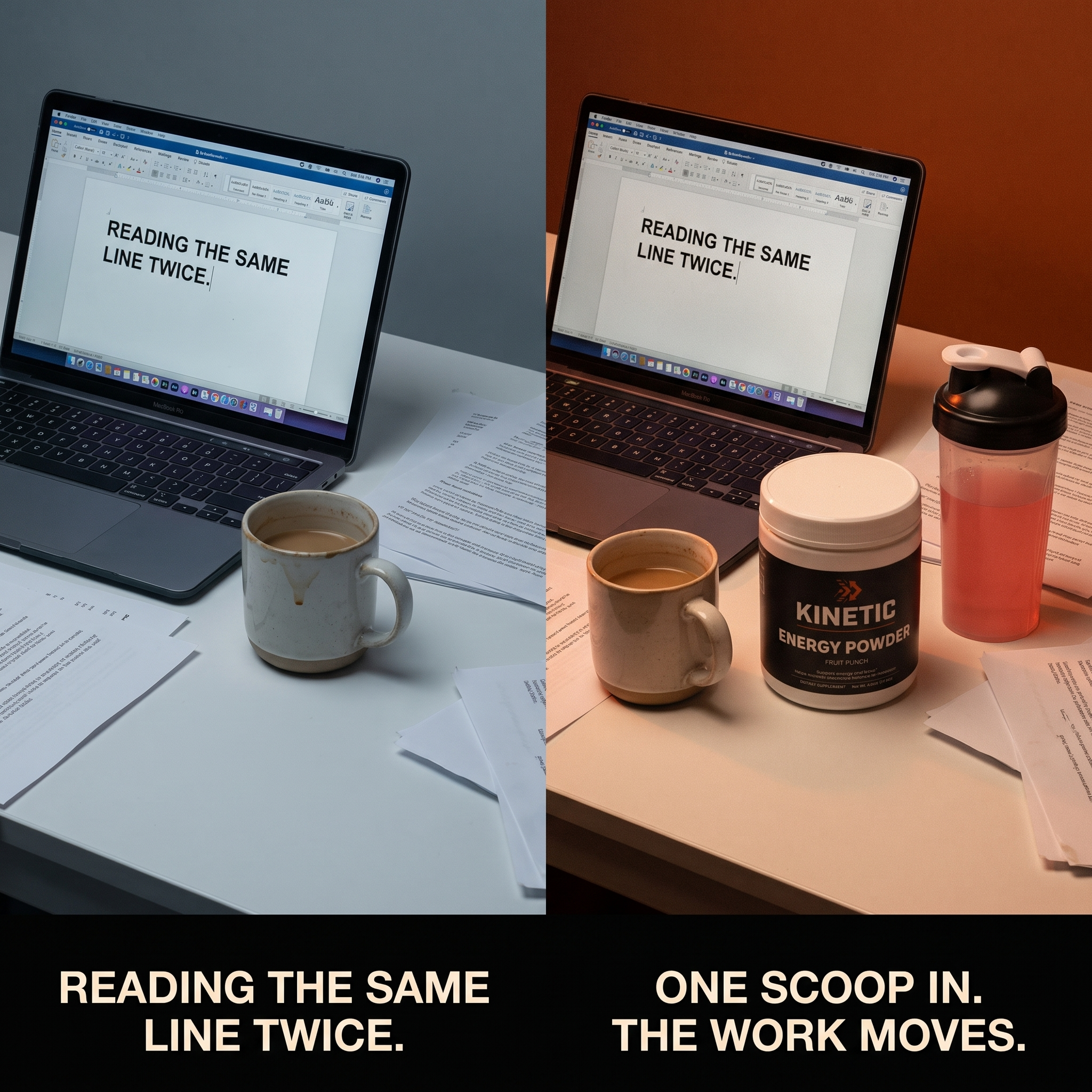 Reading the same line twice. One scoop in, the work moves. - KINETIC Energy Powder (v1)