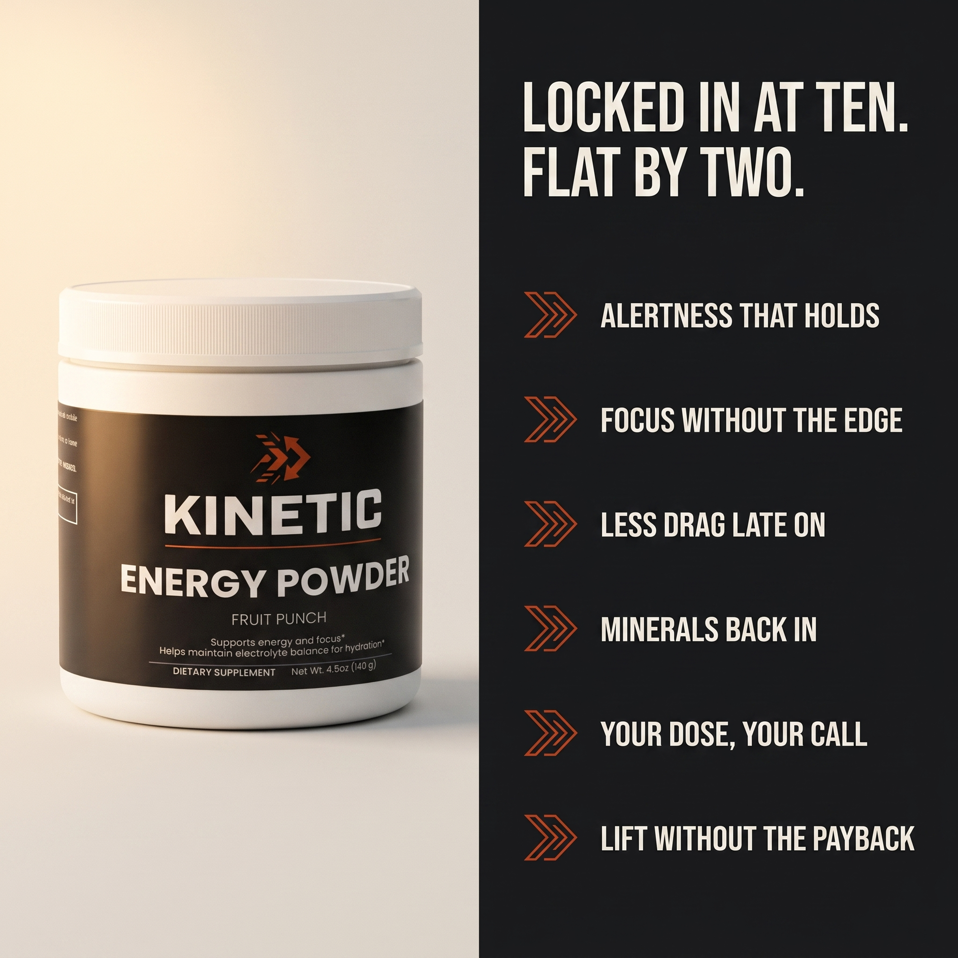 Locked in at ten. Flat by two. - KINETIC Energy Powder six benefits panel (v1)