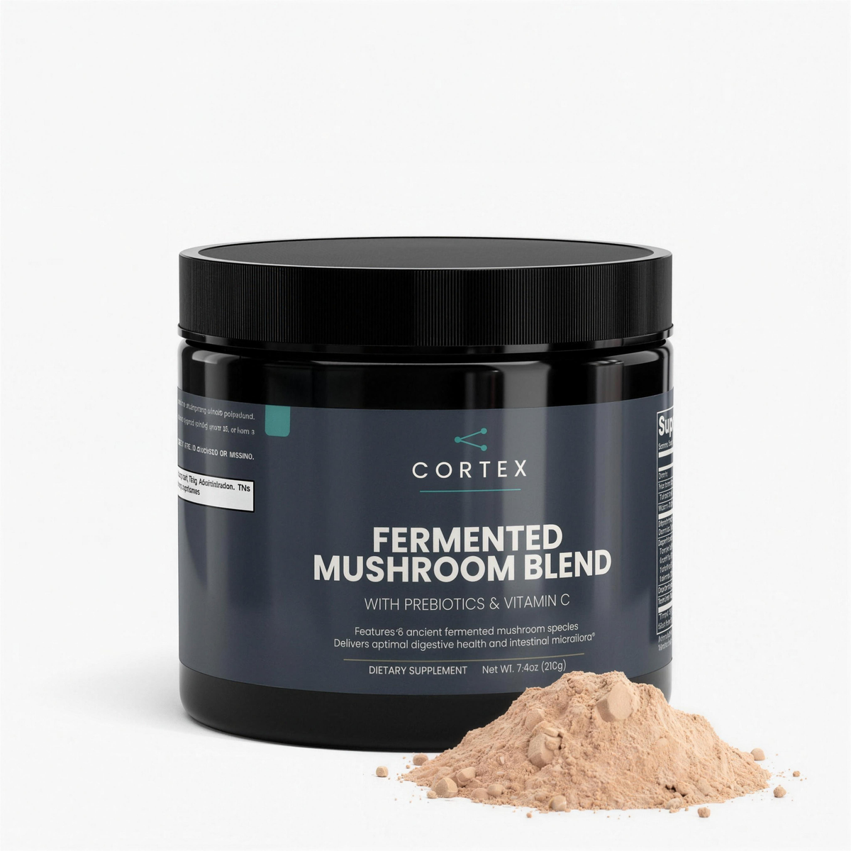 CORTEX Fermented Mushroom Blend tub, 30 servings of six organic fermented mushrooms with prebiotic fiber - hero 4K v1