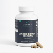 CORTEX Ginkgo Biloba + Ginseng, 60 vegan capsules — bottle front, hero v1 4K