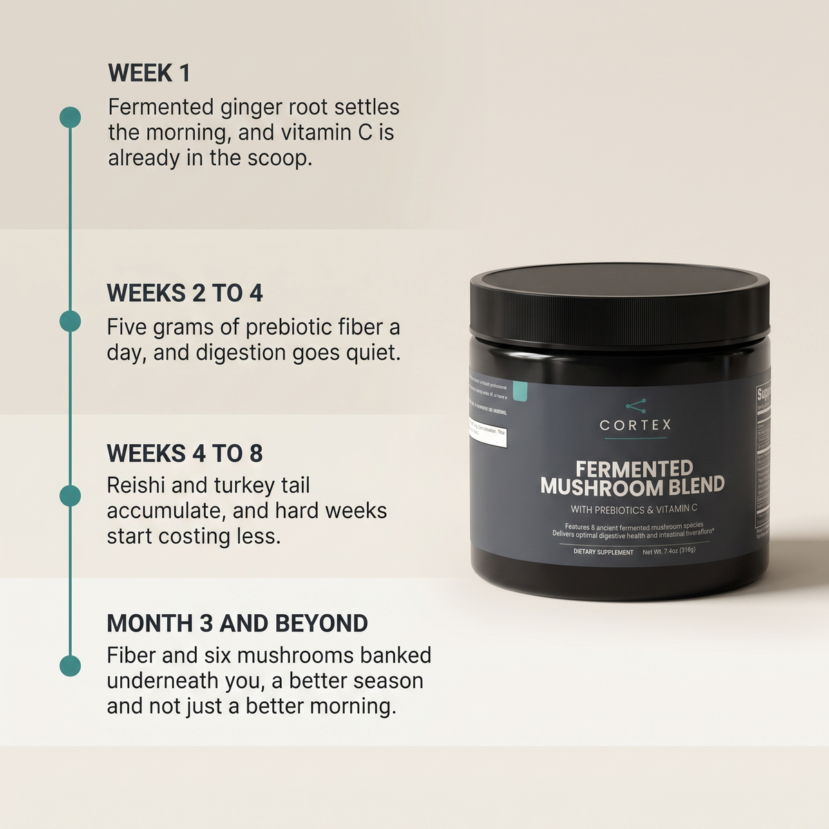 What CORTEX Fermented Mushroom Blend builds from week 1 through weeks 2 to 4, weeks 4 to 8 and month 3 and beyond - v1