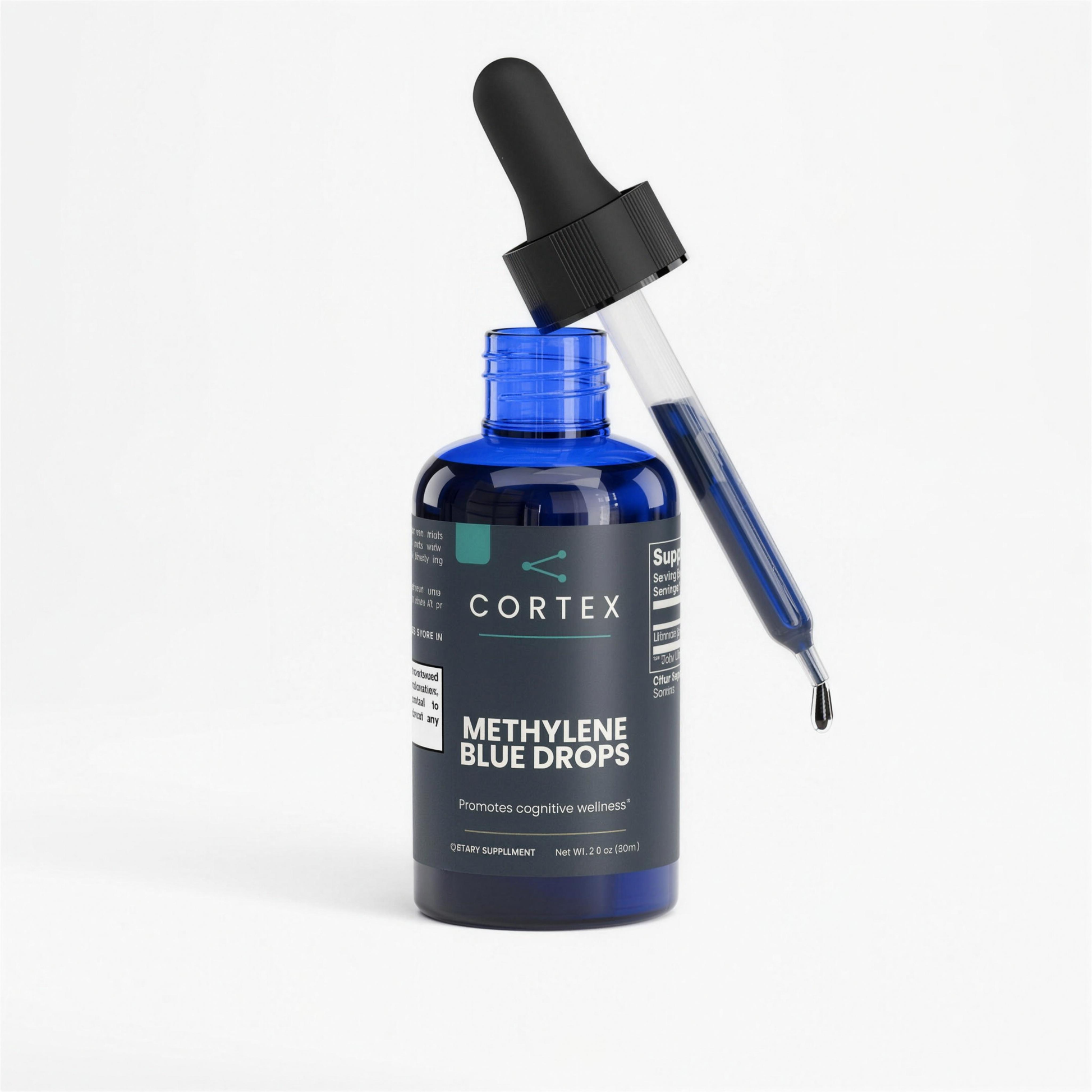 CORTEX Methylene Blue Drops hero v1 - 60 ml glass dropper bottle of deep blue methylene blue liquid, 10 mg per serving, 60 servings
