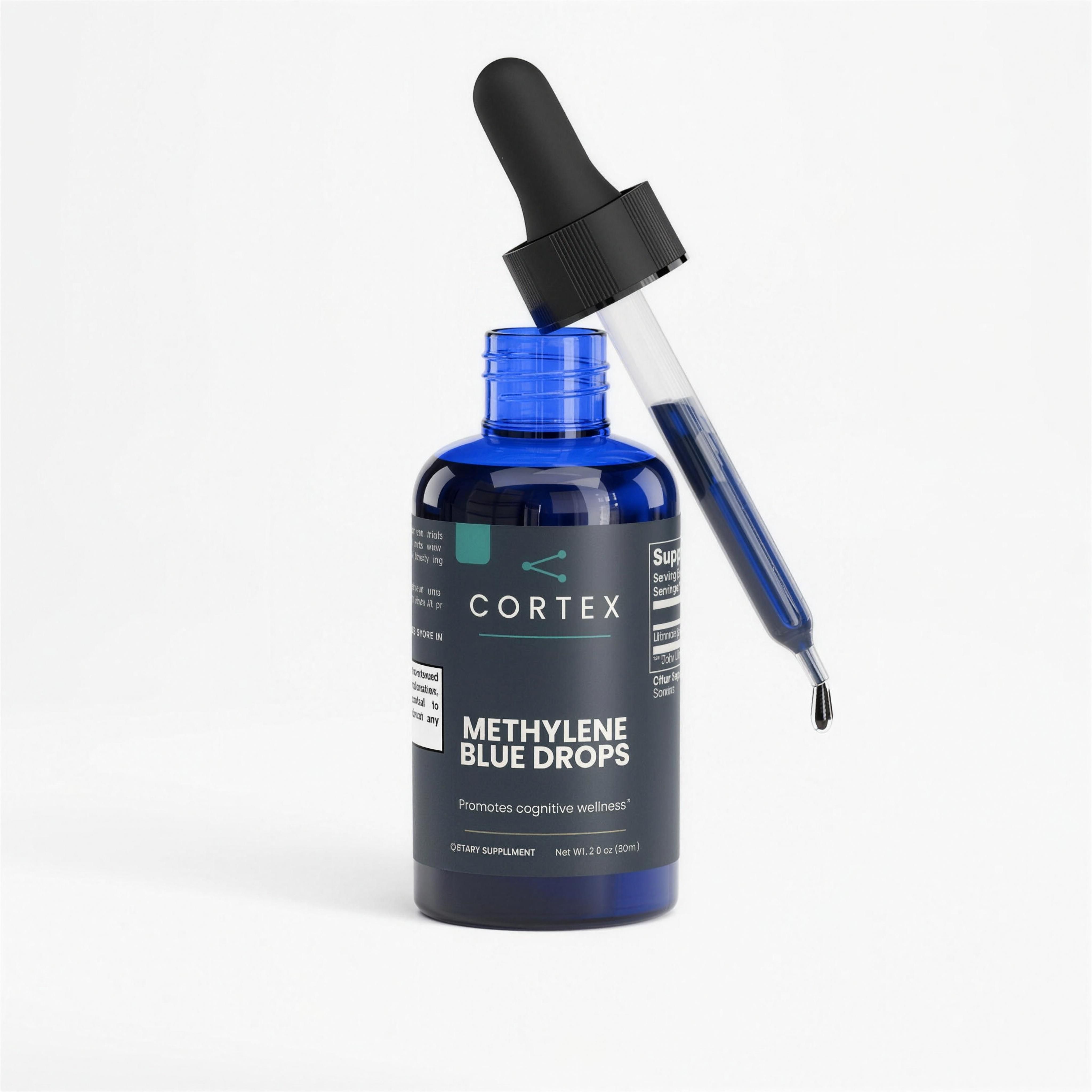 CORTEX Methylene Blue Drops hero v1 - 60 ml glass dropper bottle of deep blue methylene blue liquid, 10 mg per serving, 60 servings