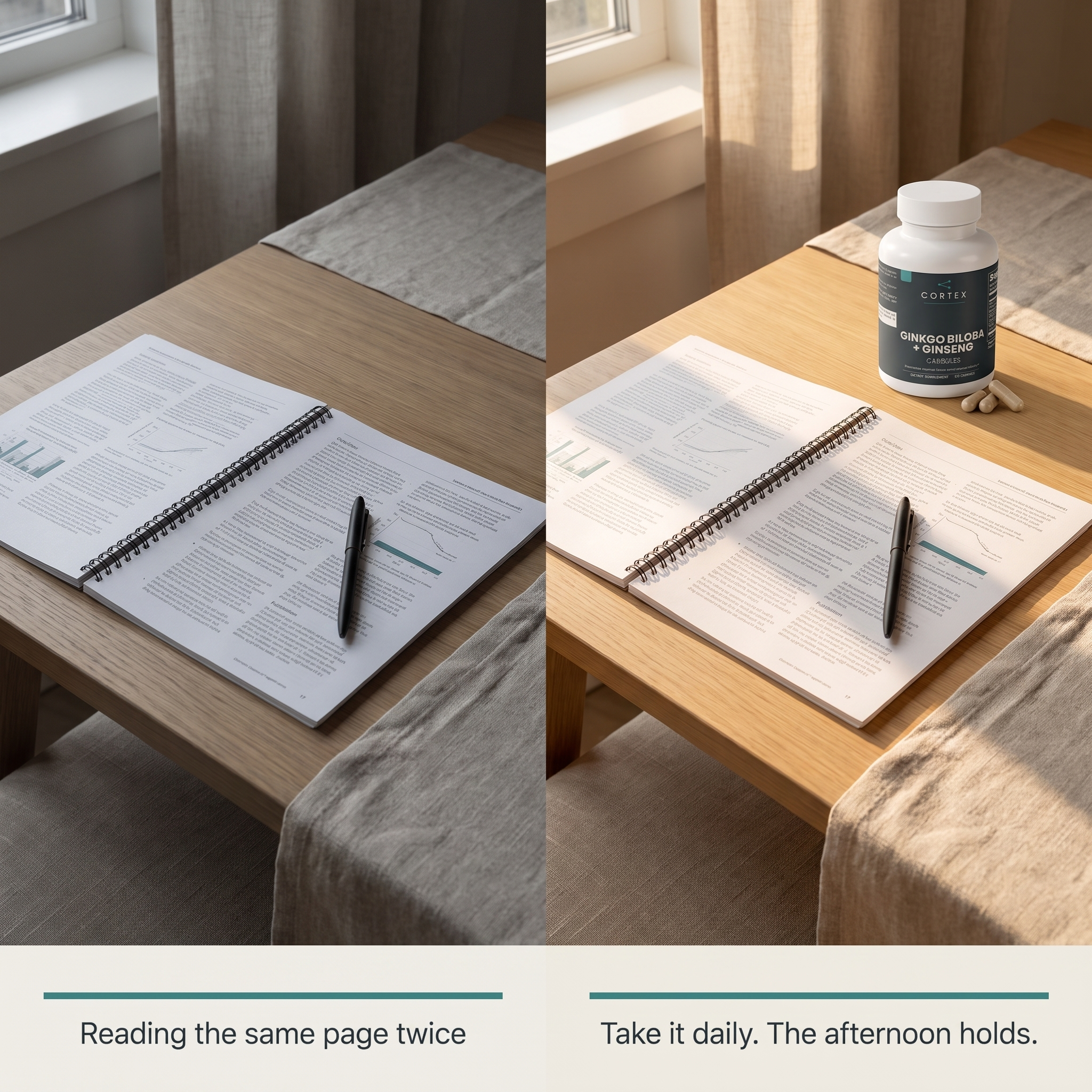 Reading the same page twice, versus taking CORTEX Ginkgo Biloba + Ginseng daily and the afternoon holding — v1