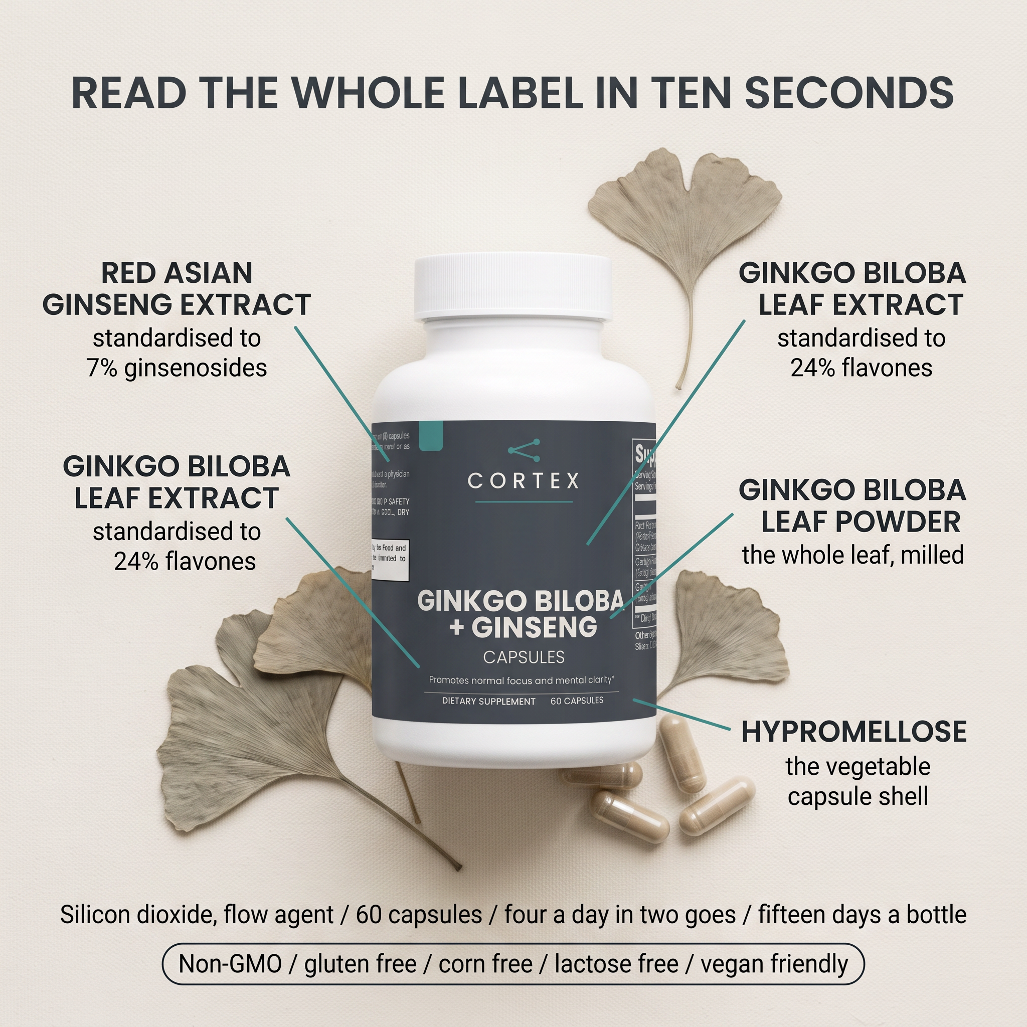 CORTEX Ginkgo Biloba + Ginseng label flat lay — red Asian ginseng extract standardised to 7% ginsenosides, ginkgo biloba leaf extract standardised to 24% flavones, whole ginkgo leaf powder, hypromellose vegetable capsule shell — v1