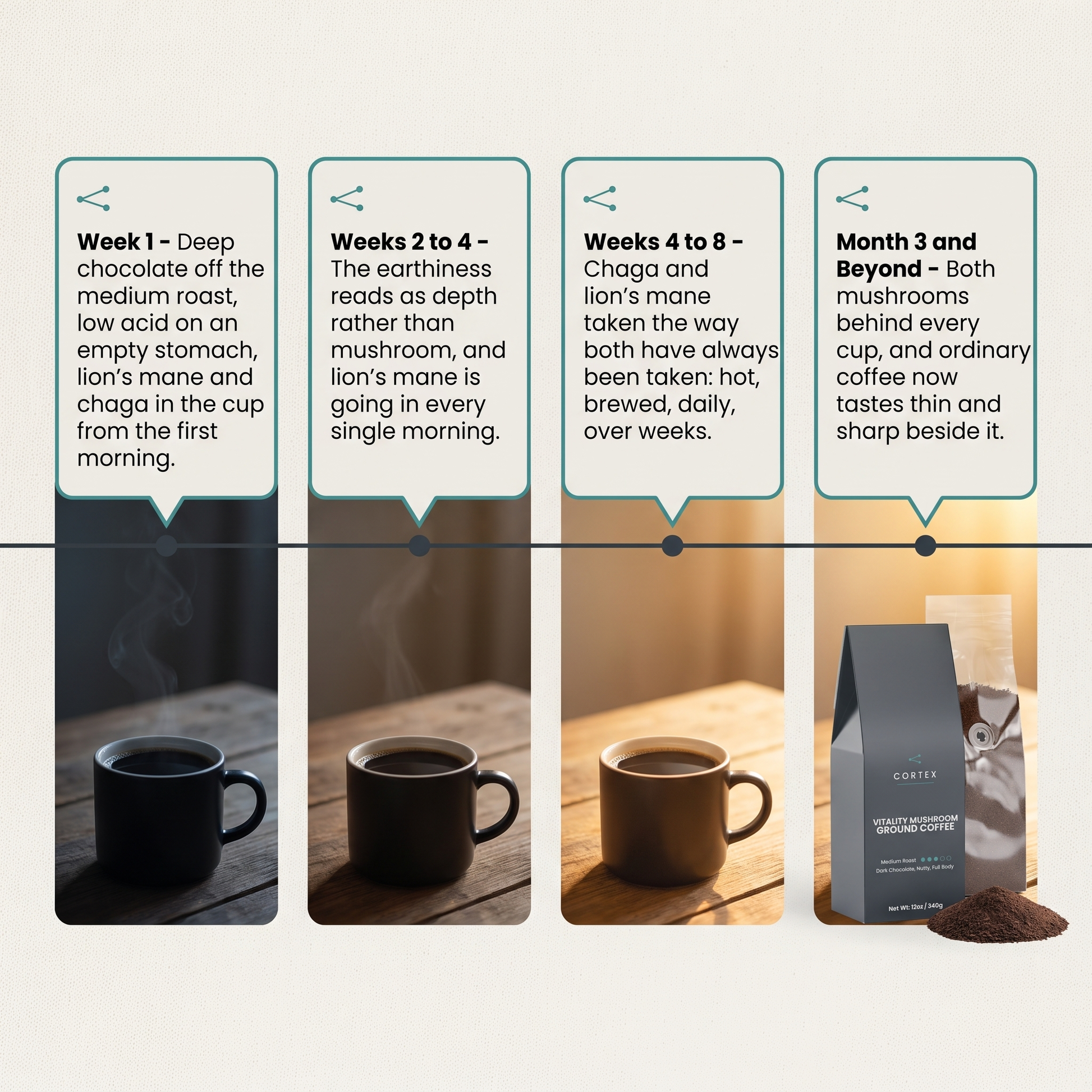 What CORTEX Vitality Mushroom Coffee gives from week 1 through weeks 2 to 4, weeks 4 to 8 and month 3 and beyond - timeline-v1