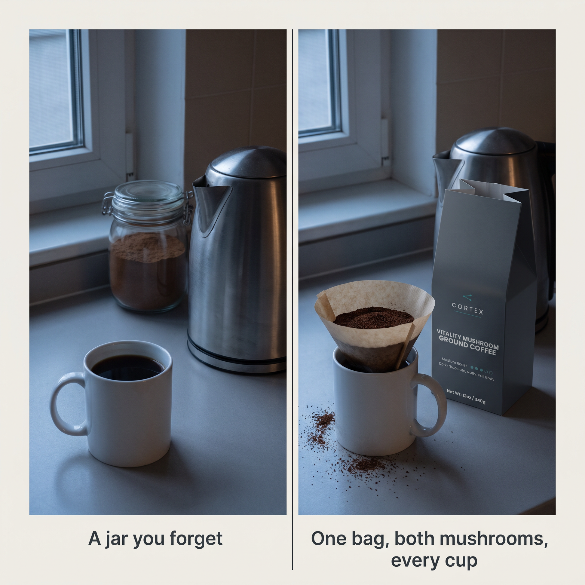 A forgotten jar of mushroom powder beside one bag of CORTEX Vitality Mushroom Coffee brewing with both mushrooms in every cup - split-v1