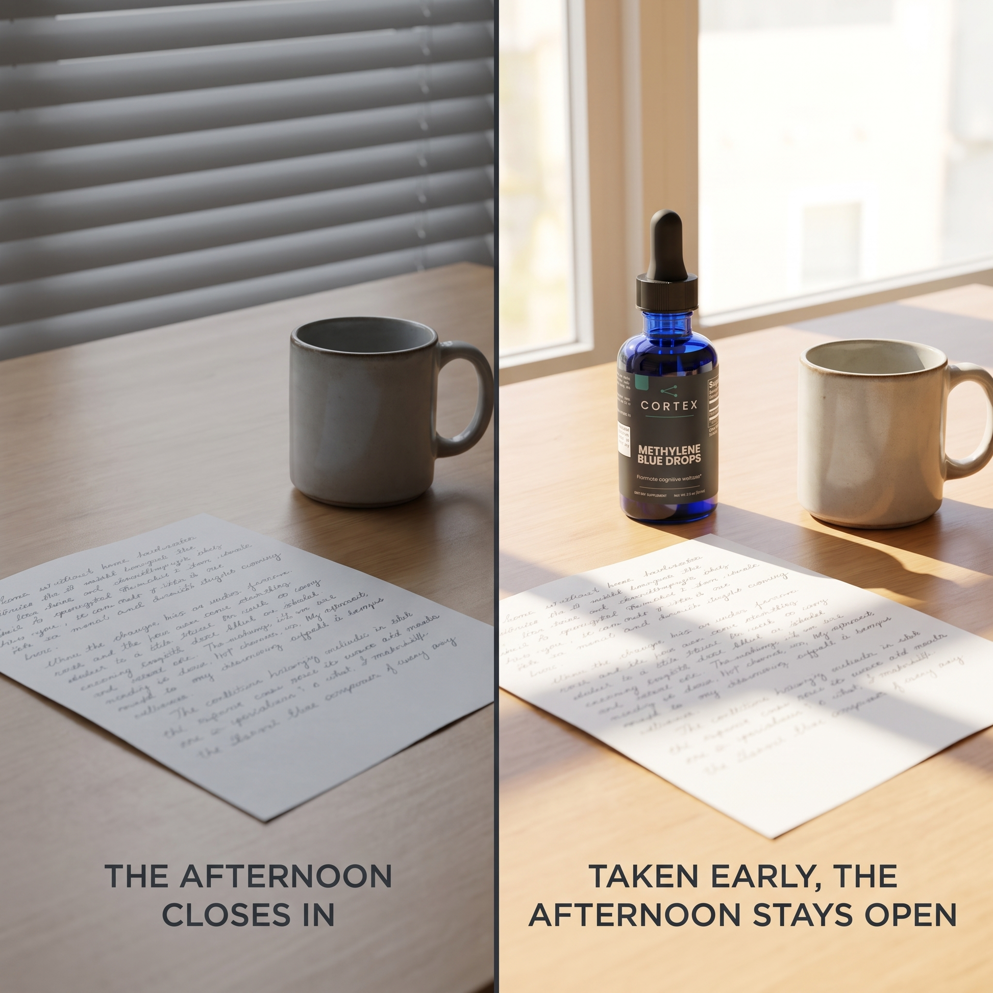 CORTEX Methylene Blue Drops problem versus supported split v1 - the afternoon closes in, and taken early the afternoon stays open