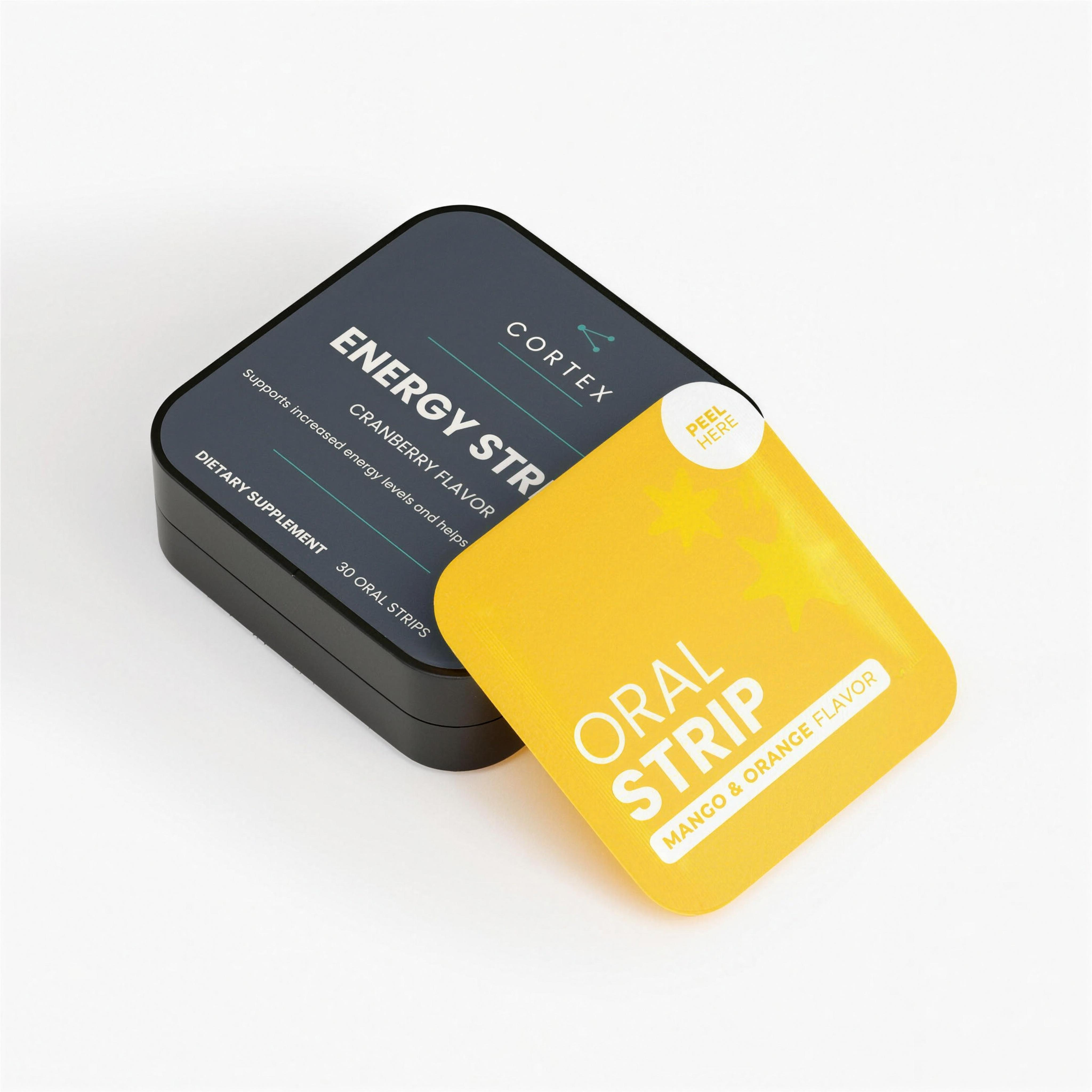 CORTEX Hangover Strips metal tin of 30 dissolving mango-orange botanical strips, product hero, 4K upscale v2