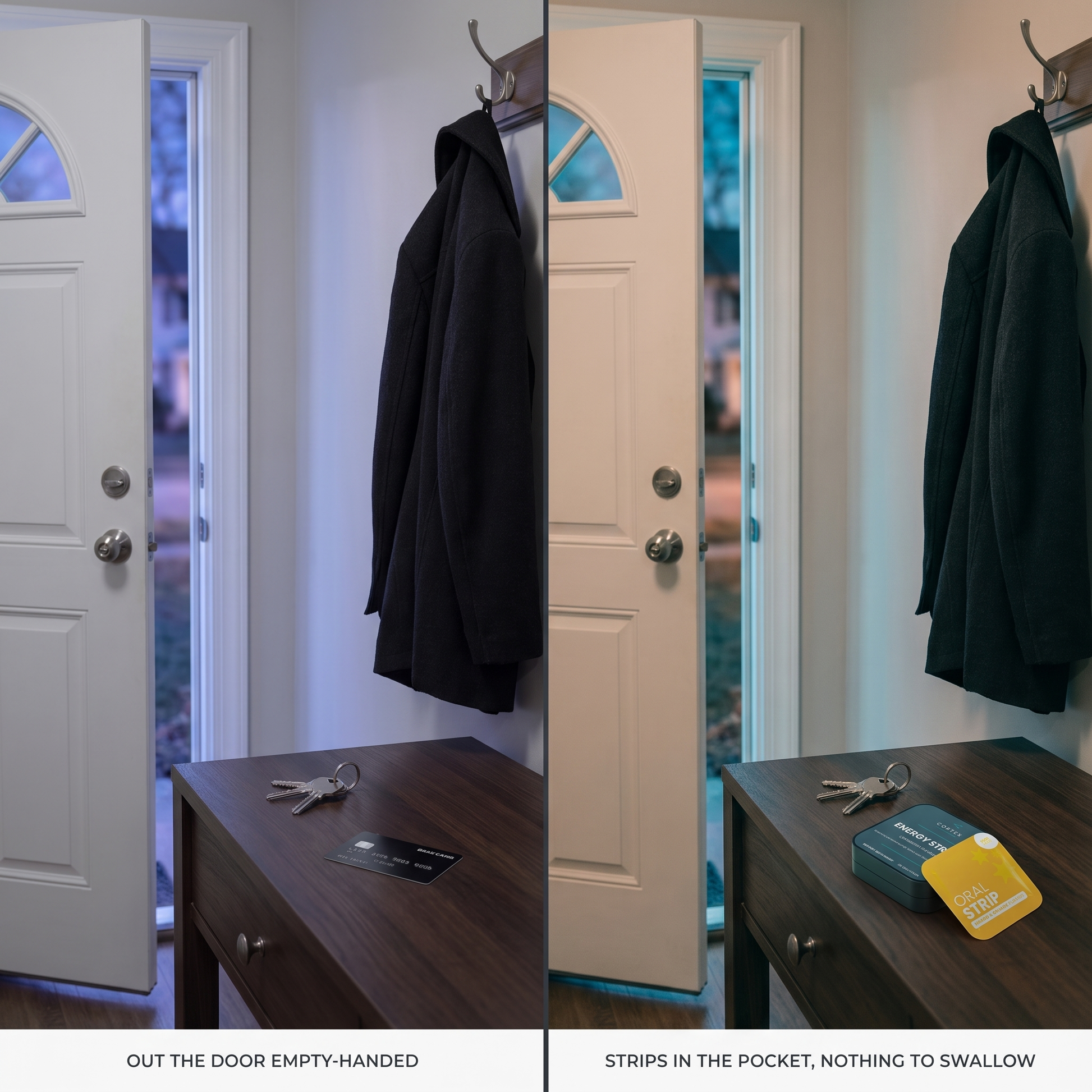Split frame: out the door empty-handed, and the same hallway with the CORTEX Hangover Strips tin beside the keys, strips in the pocket with nothing to swallow v2