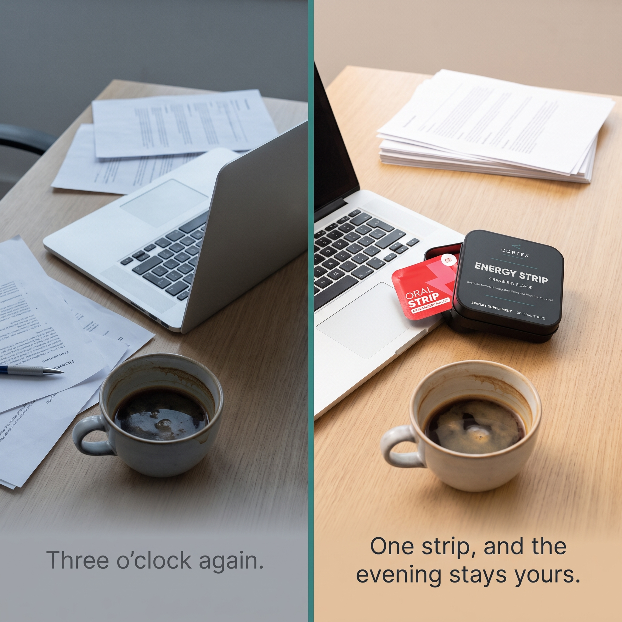 The three o'clock desk without and with a tin of CORTEX Energy Strips - problem and supported split v1