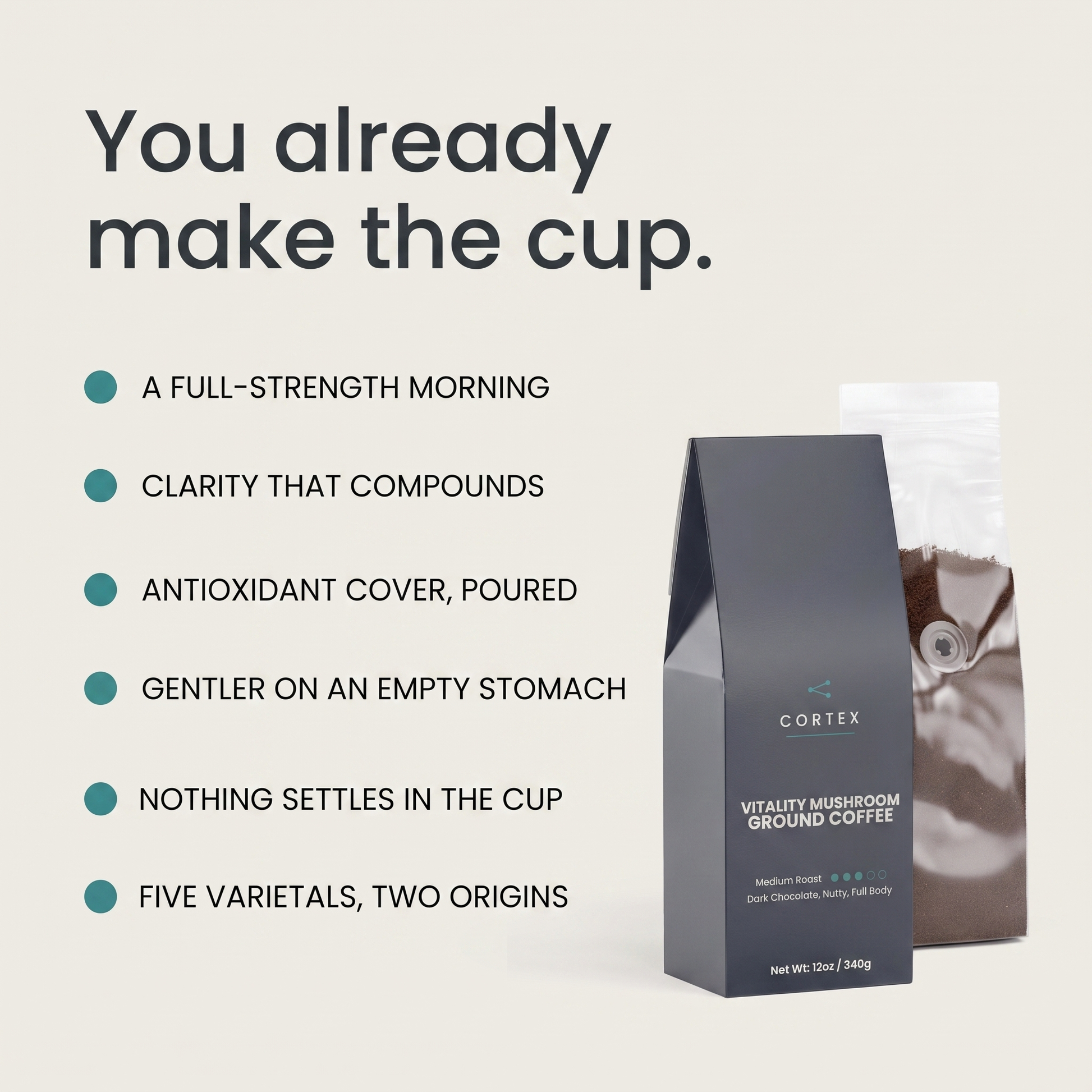 Six reasons to drink CORTEX Vitality Mushroom Coffee: a full-strength morning, clarity that compounds, antioxidant cover poured, gentler on an empty stomach, nothing settles in the cup, five varietals from two origins - benefits-v2