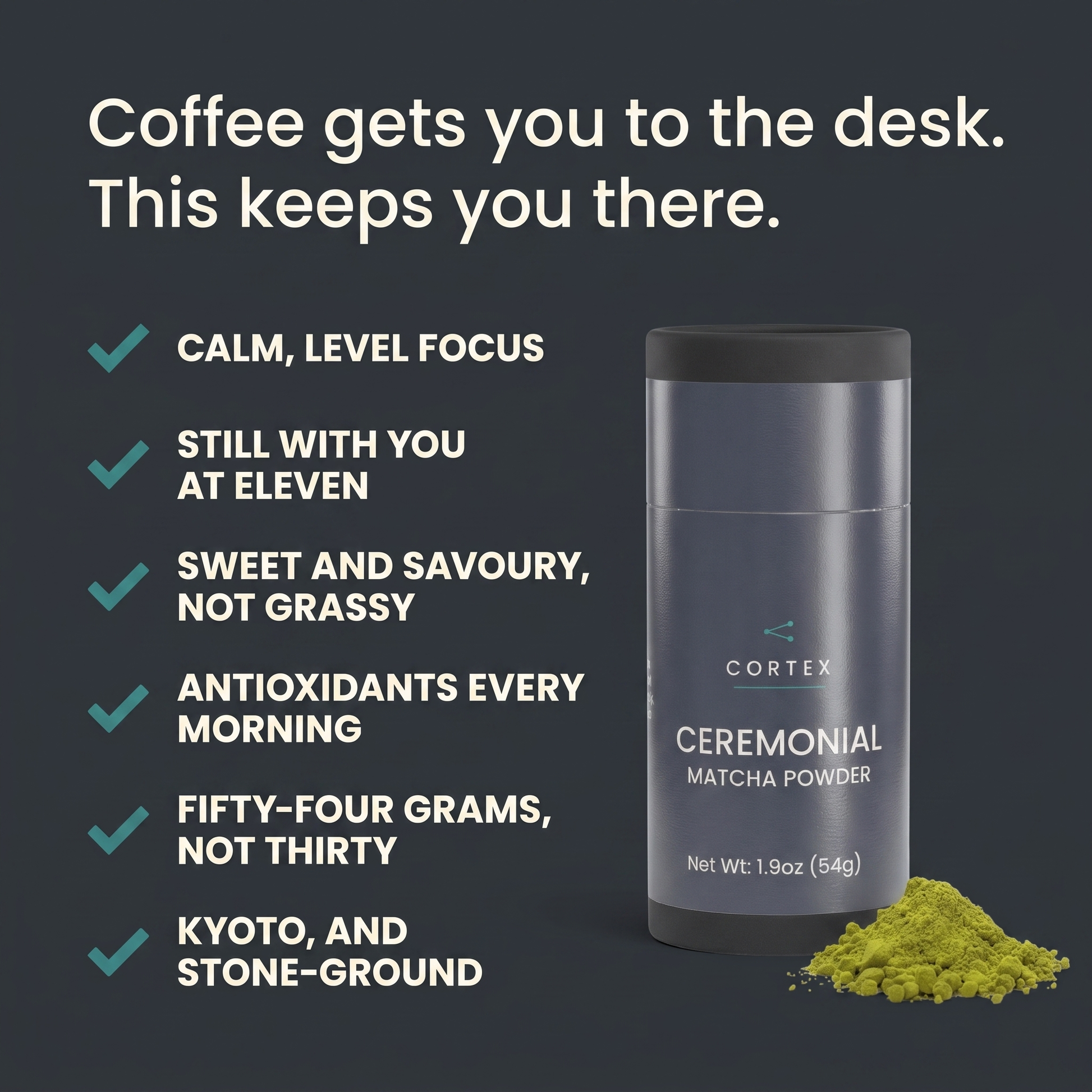 Coffee gets you to the desk. This keeps you there. - six benefits panel v2