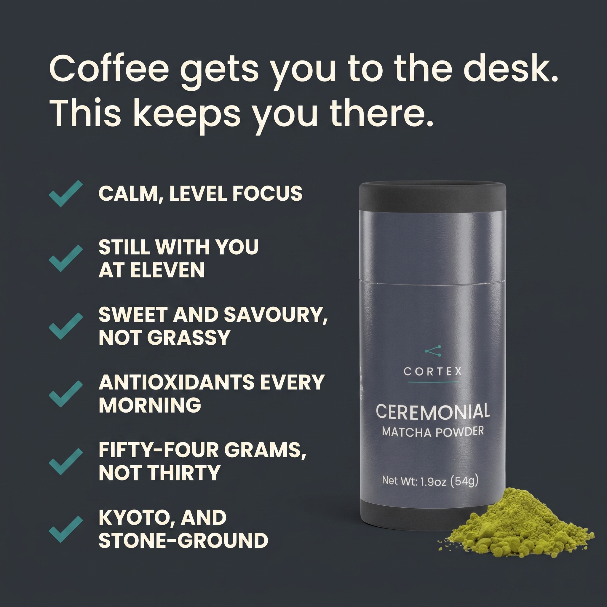 Coffee gets you to the desk. This keeps you there. - six benefits panel v2