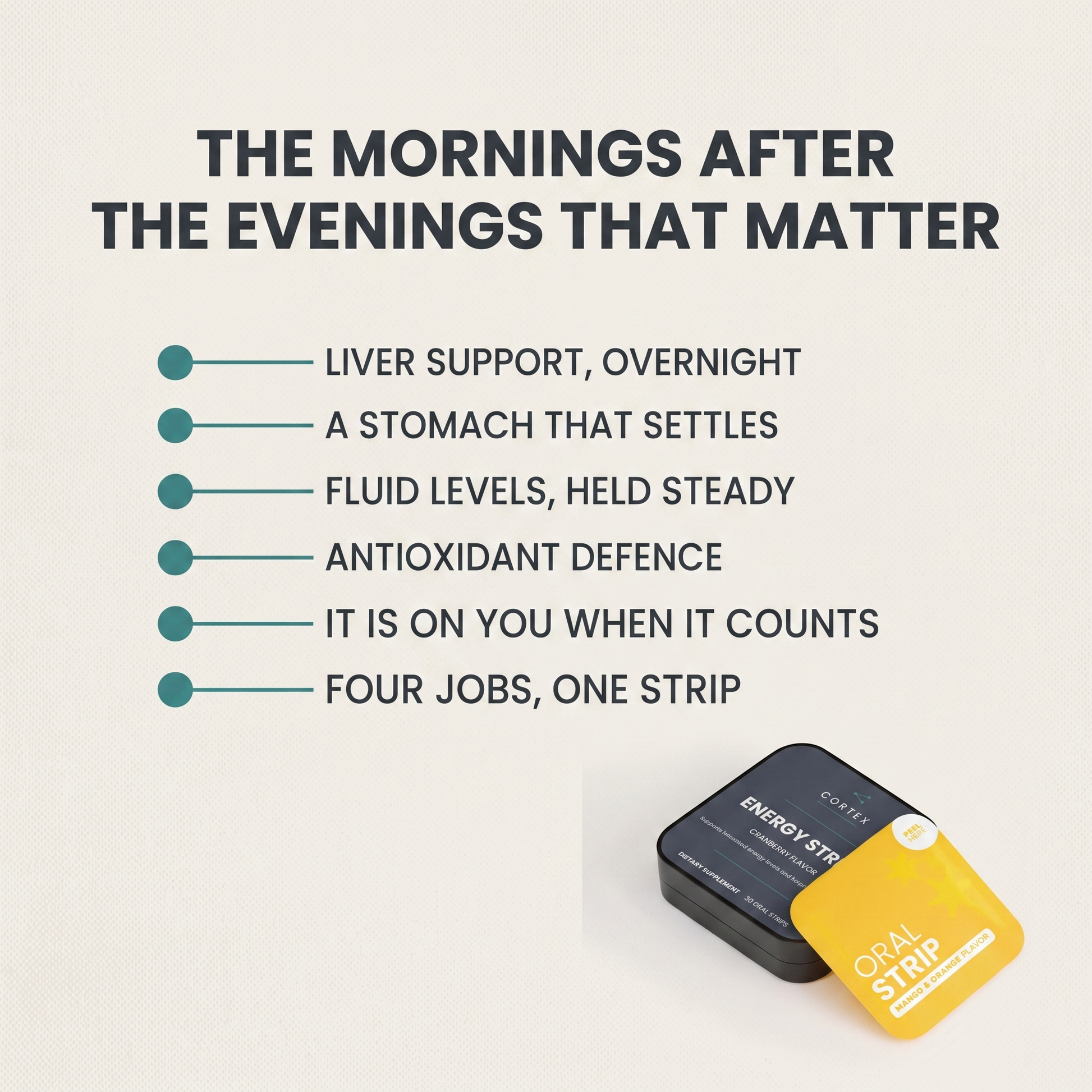 Six benefits of CORTEX Hangover Strips: liver support overnight, a stomach that settles, fluid levels held steady, antioxidant defence, it is on you when it counts, four jobs one strip v3