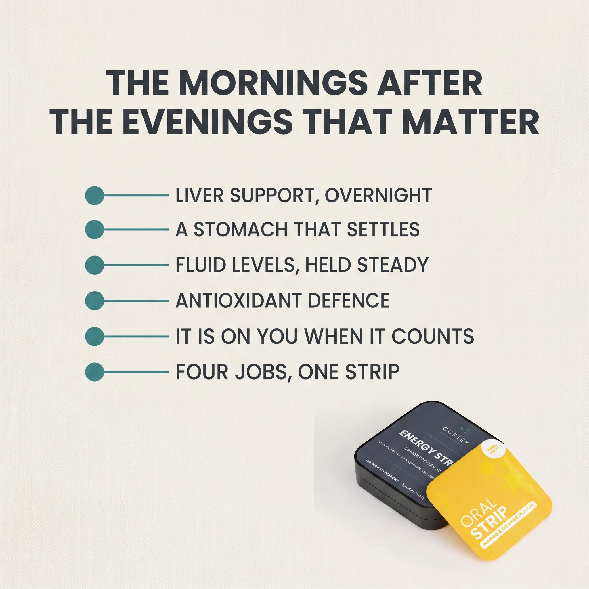 Six benefits of CORTEX Hangover Strips: liver support overnight, a stomach that settles, fluid levels held steady, antioxidant defence, it is on you when it counts, four jobs one strip v3
