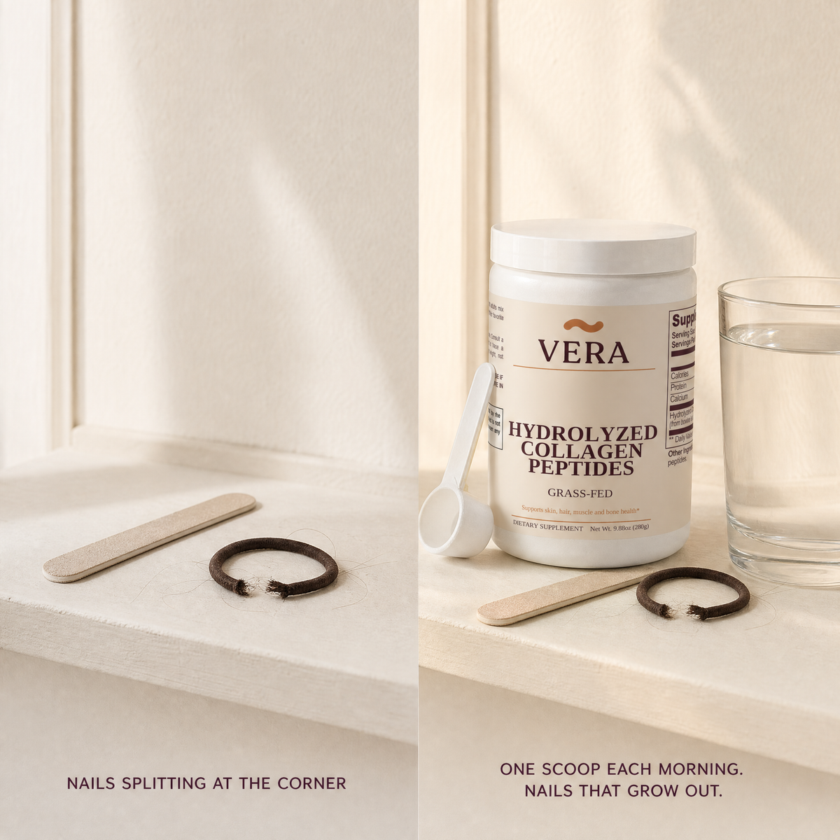 Nails splitting at the corner, and the same shelf with a daily scoop of Vera collagen peptides beside it v1