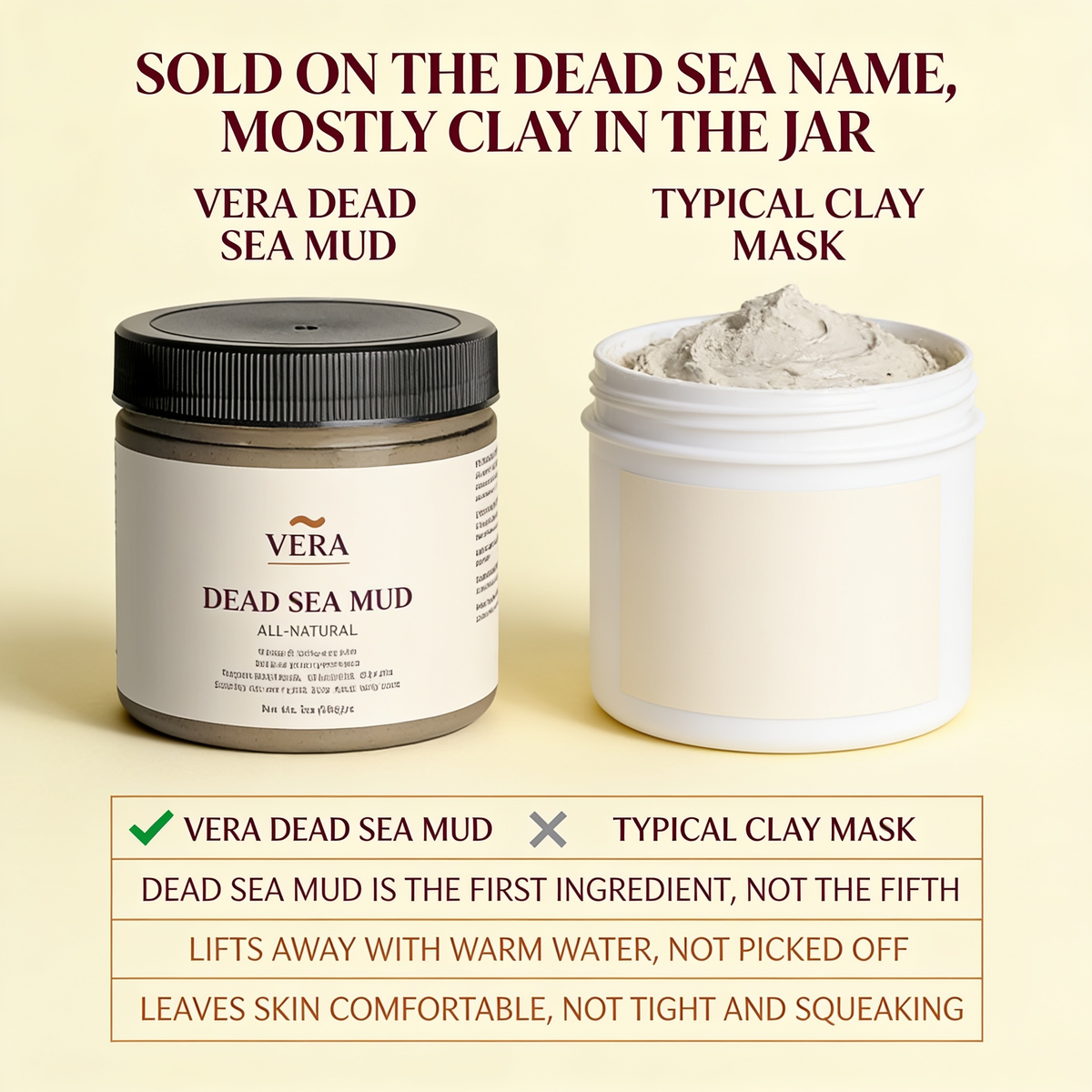 VERA Dead Sea Mud Mask compared with a typical clay mask - Dead Sea mud is the first ingredient, lifts away with warm water, leaves skin comfortable not tight - v1