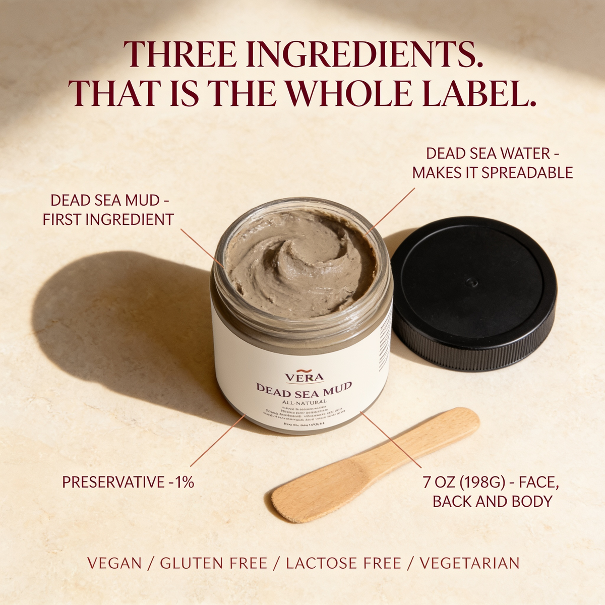 VERA Dead Sea Mud Mask label flat lay - Dead Sea mud first ingredient, Dead Sea water makes it spreadable, preservative at 1 percent, 7 oz for face back and body - v1