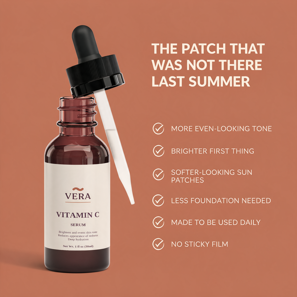 Vitasy VERA Vitamin C Serum six-benefit panel v1 - more even-looking tone, brighter first thing, softer-looking sun patches, less foundation needed, made to be used daily, no sticky film