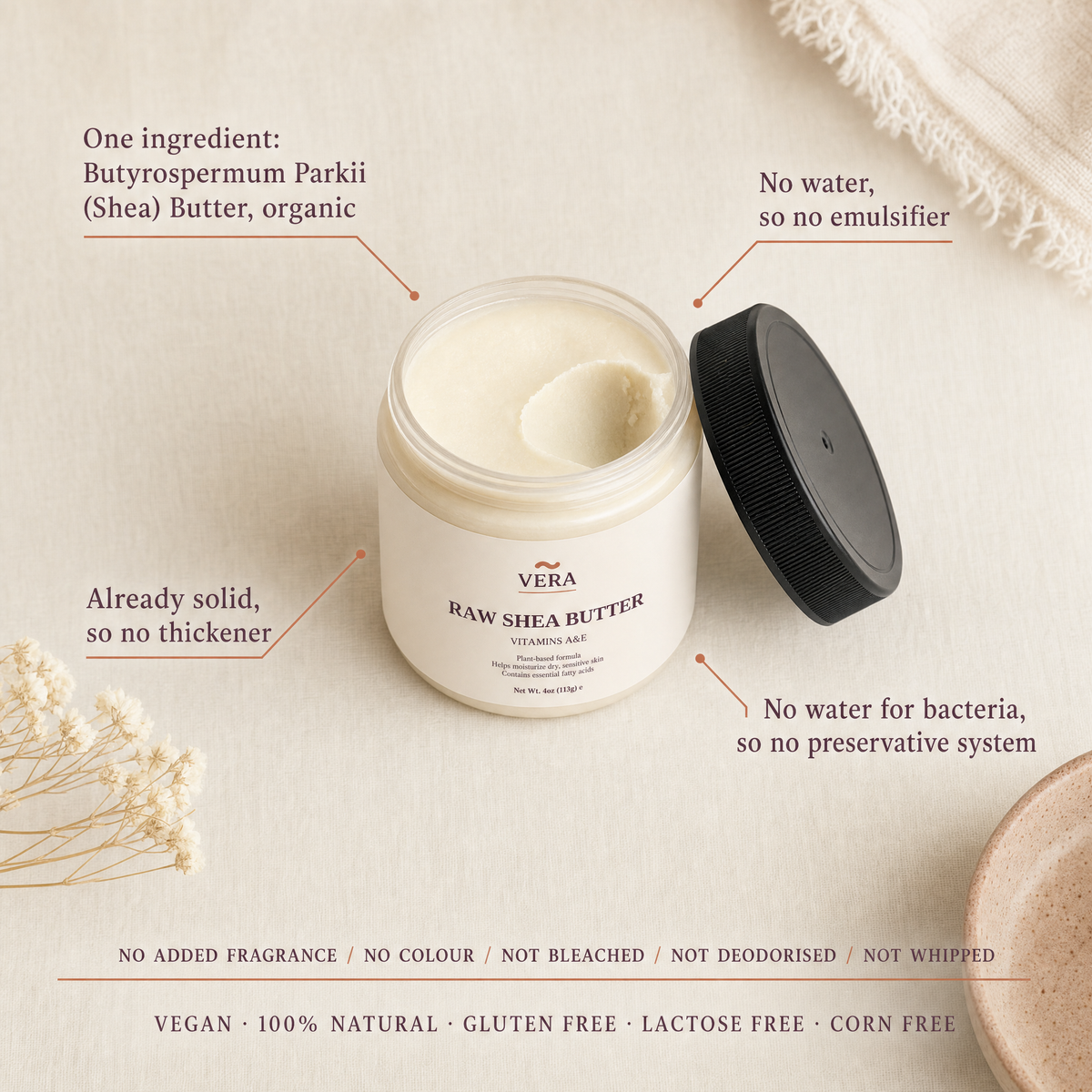 Overhead flat lay of the open VERA Raw Shea Butter jar with callouts naming its one ingredient and what the jar does not contain - label flat lay v1