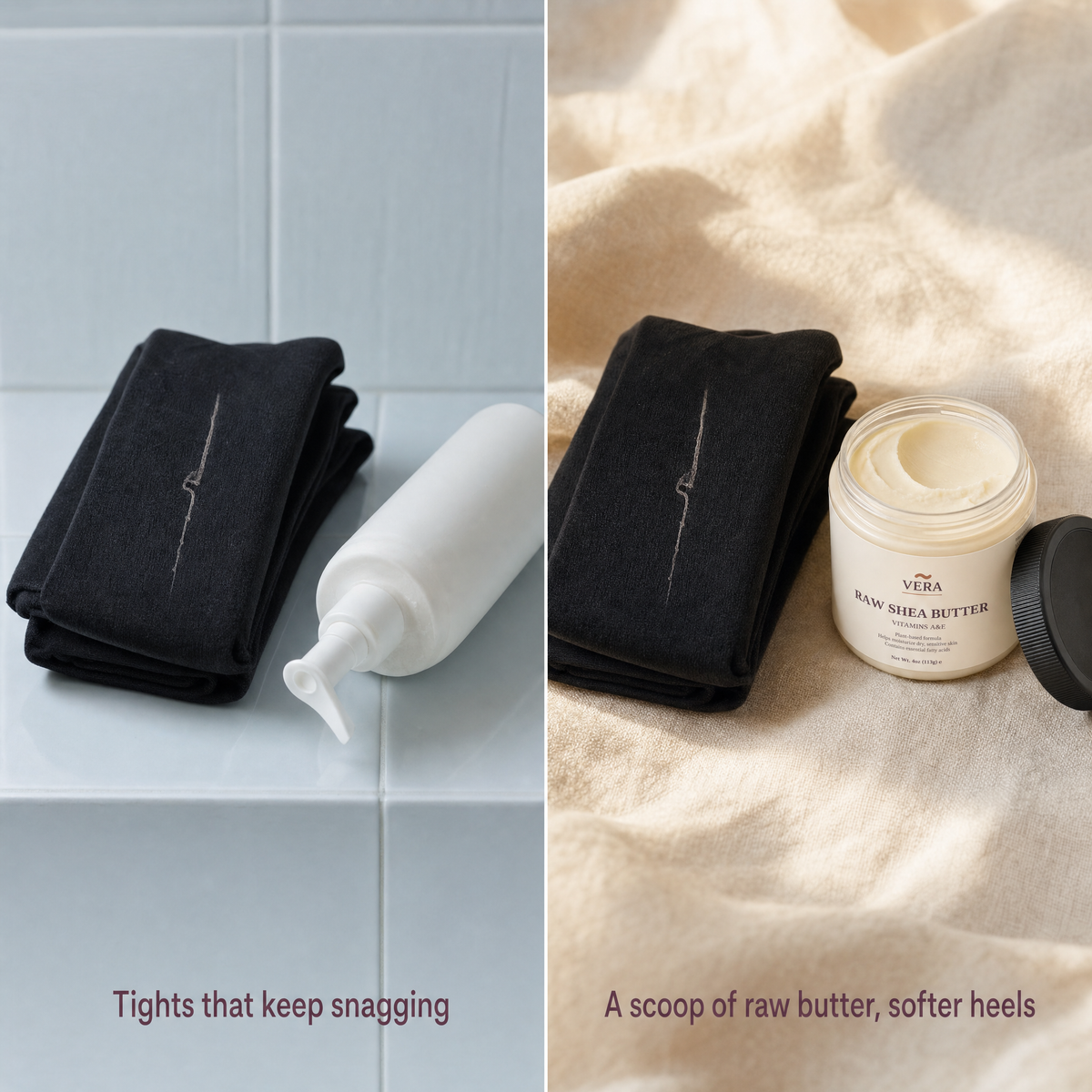 Split still life: snagged black tights on a cold tile ledge, and the same tights beside the open VERA Raw Shea Butter jar - problem and supported v1