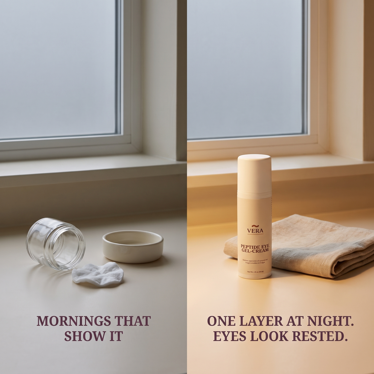 Split still life on a bathroom counter under the same grey window in both halves: bare counter captioned mornings that show it, and the same counter with the Vera Peptide Eye Gel-Cream jar captioned one layer at night, eyes look rested. Problem versus supported split v1