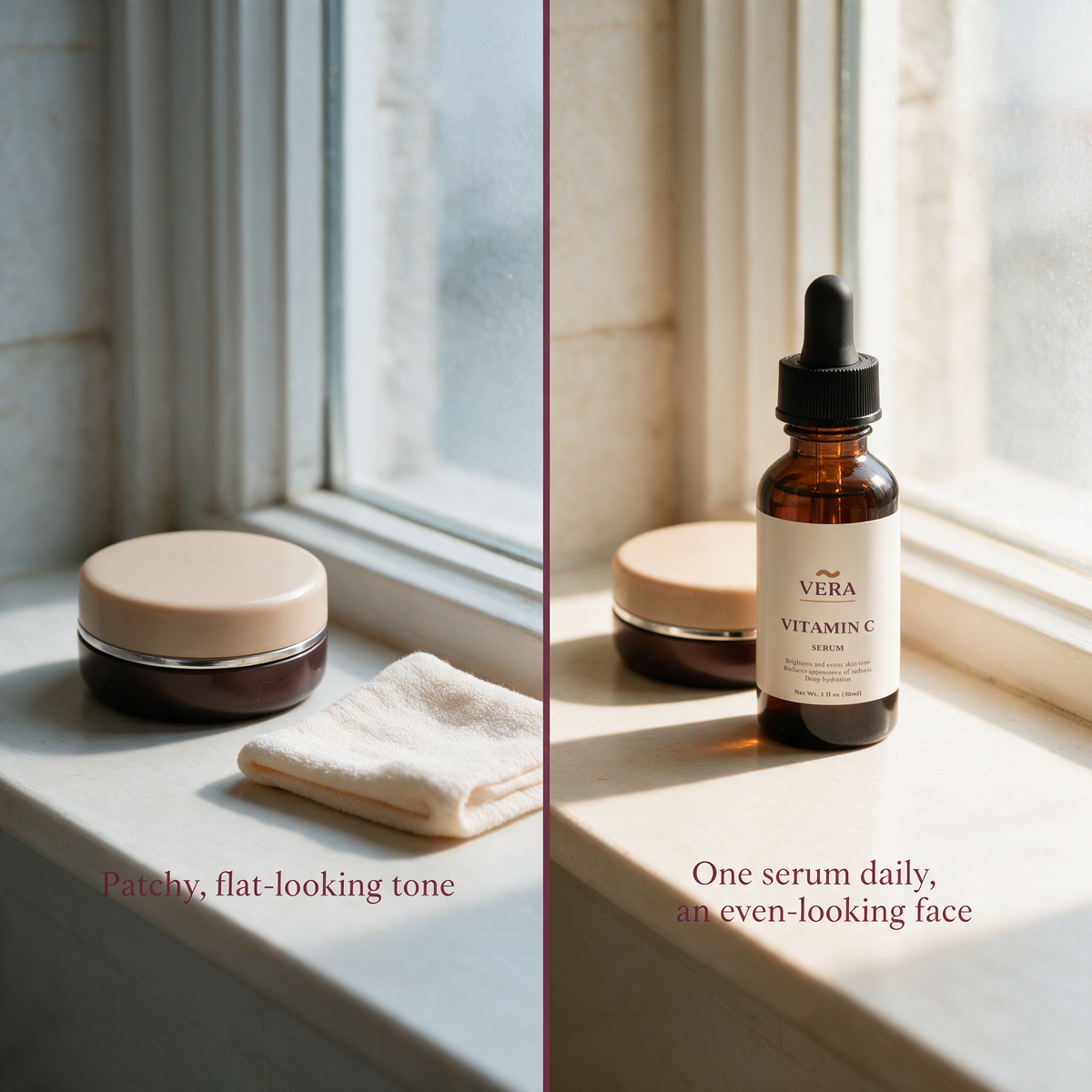 Vitasy VERA Vitamin C Serum problem versus supported split v1 - patchy, flat-looking tone against one serum daily, an even-looking face