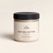 VERA Raw Shea Butter 4 oz jar alone on a warm off-white studio sweep, unrefined one-ingredient shea butter for dry rough skin on body and hair - hero v2 (4K, product only, no hand)