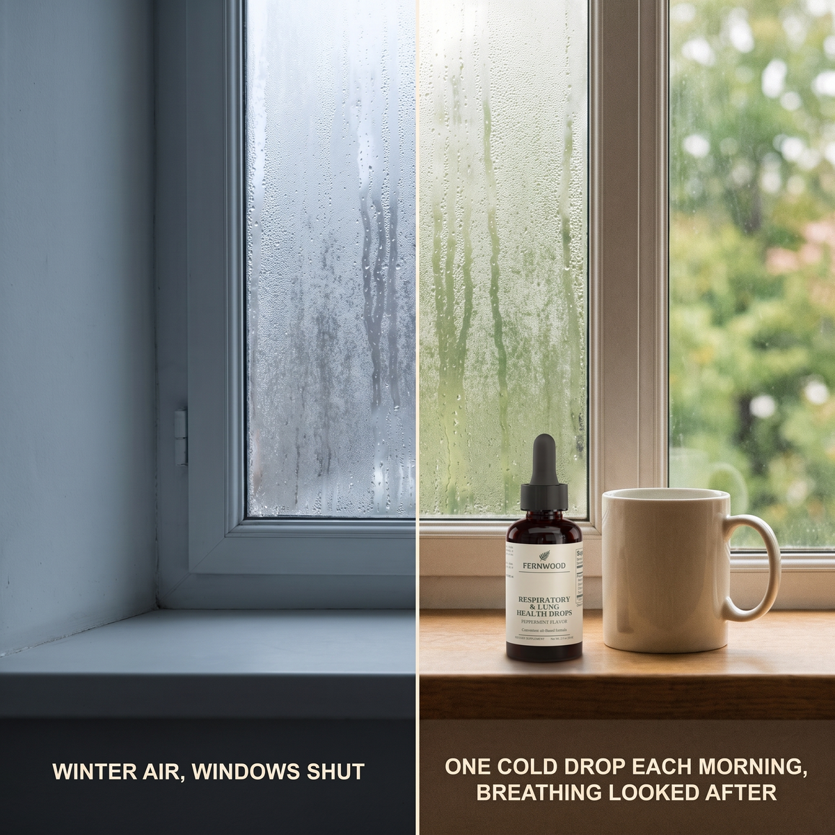 Winter air, windows shut. One cold drop each morning, breathing looked after — problem vs supported v1