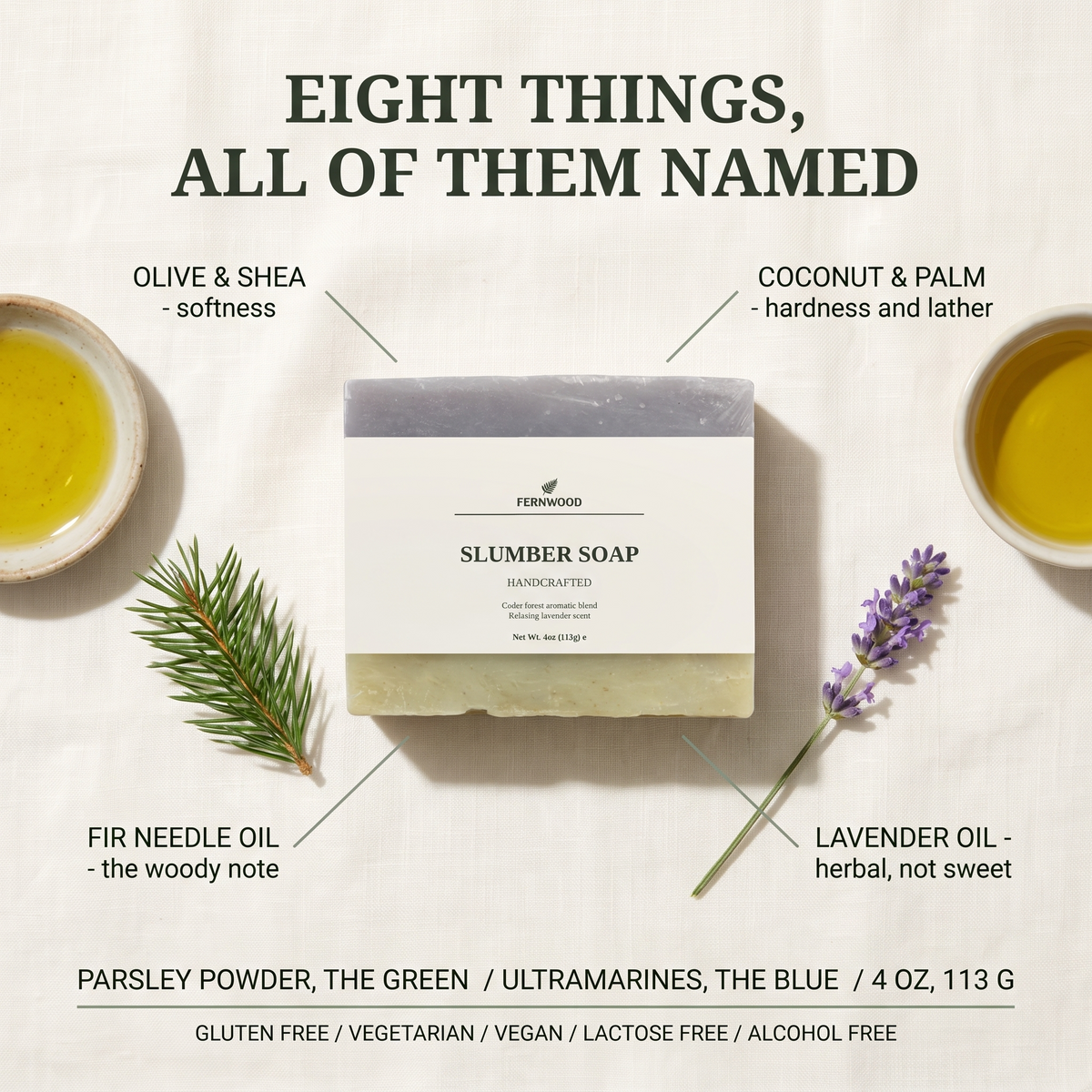 Eight things, all of them named - label flat lay (v1)