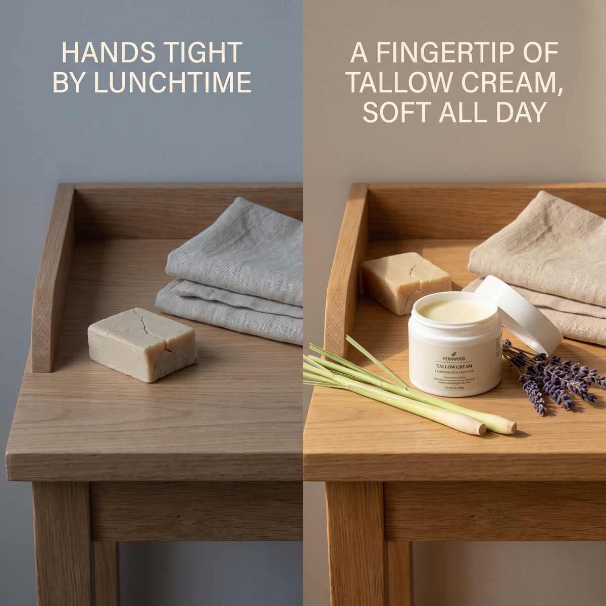 Hands tight by lunchtime; a fingertip of tallow cream, soft all day - split v1