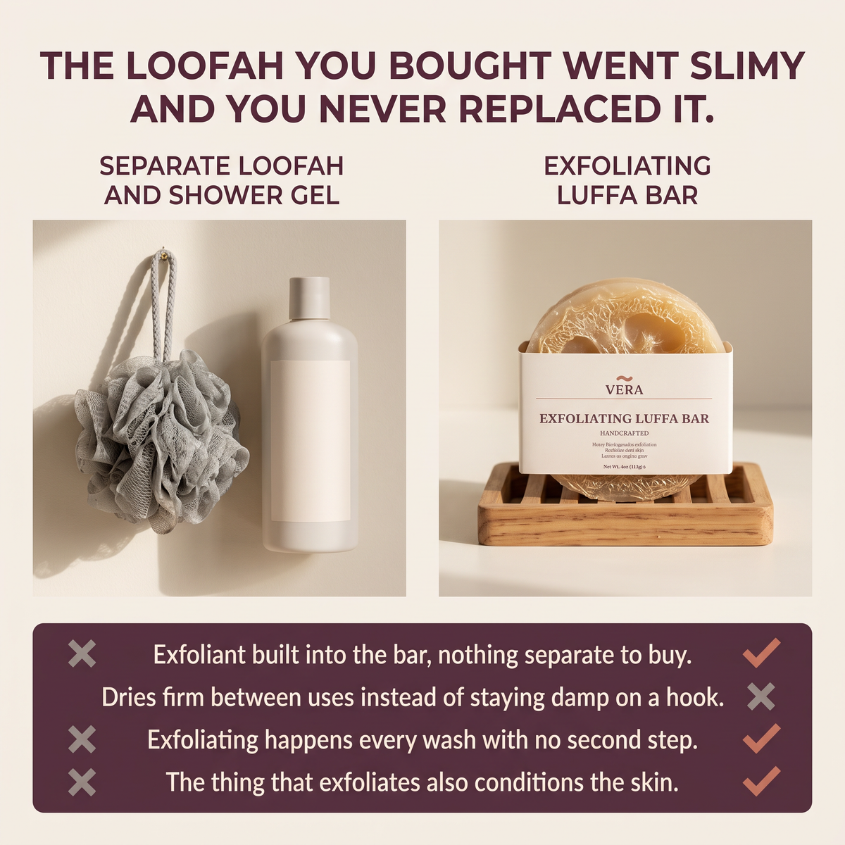 The loofah you bought went slimy and you never replaced it. VERA Exfoliating Luffa Bar compared with a separate loofah and shower gel (v1)