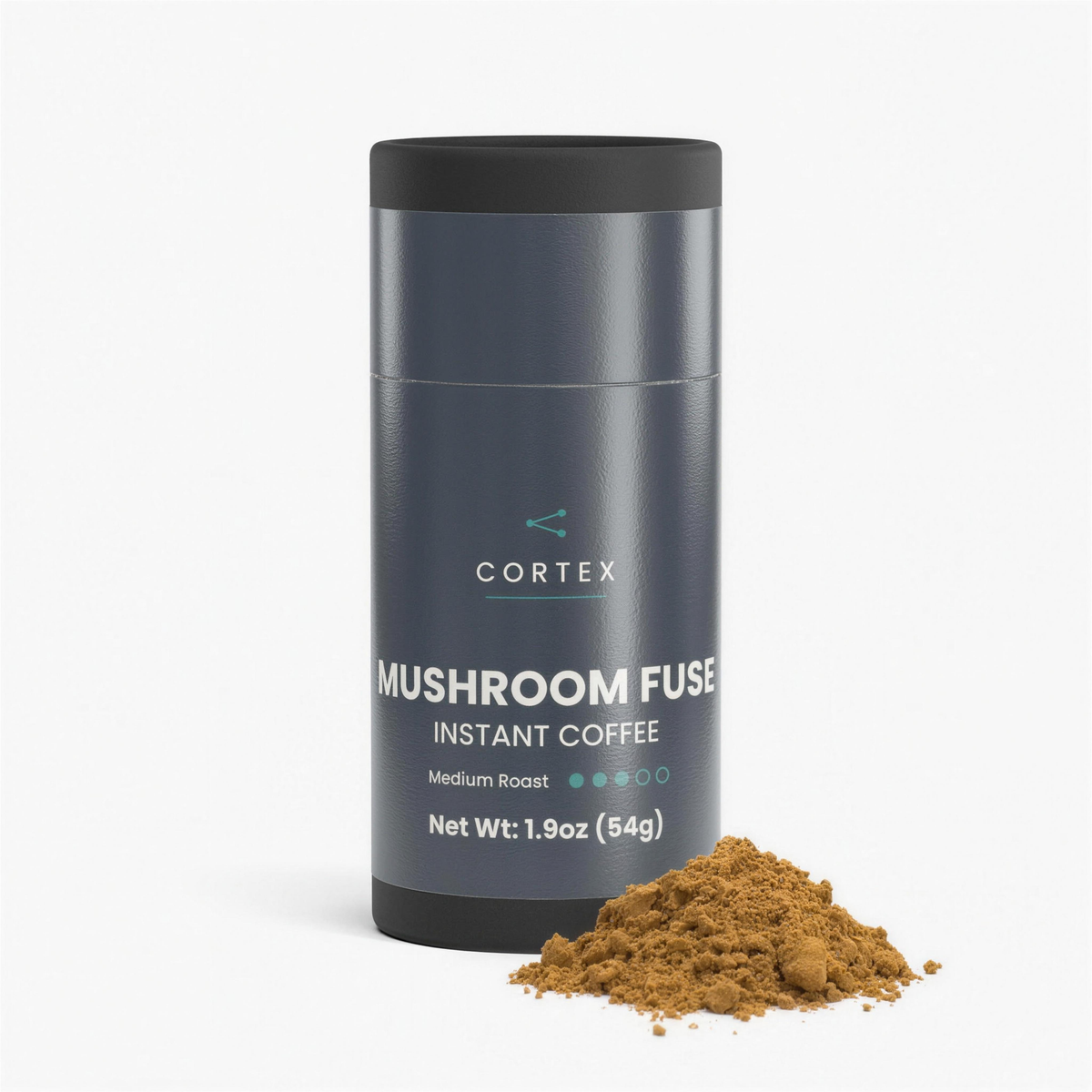 CORTEX Mushroom Fuse Instant Coffee, medium roast mushroom coffee with lion's mane and chaga, 1.9 oz jar (hero 4K v1)