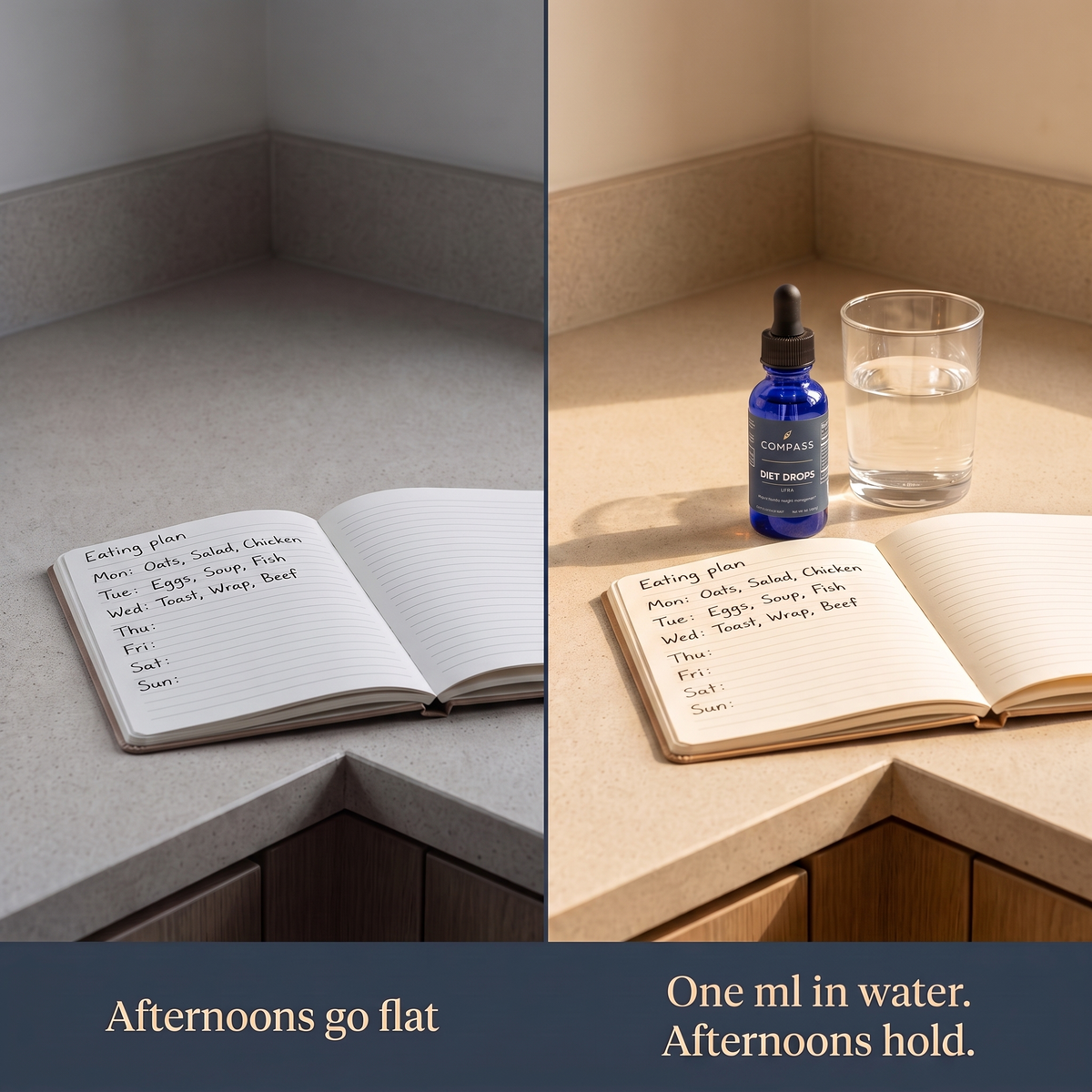 Afternoons go flat. One ml in water, afternoons hold (v2)