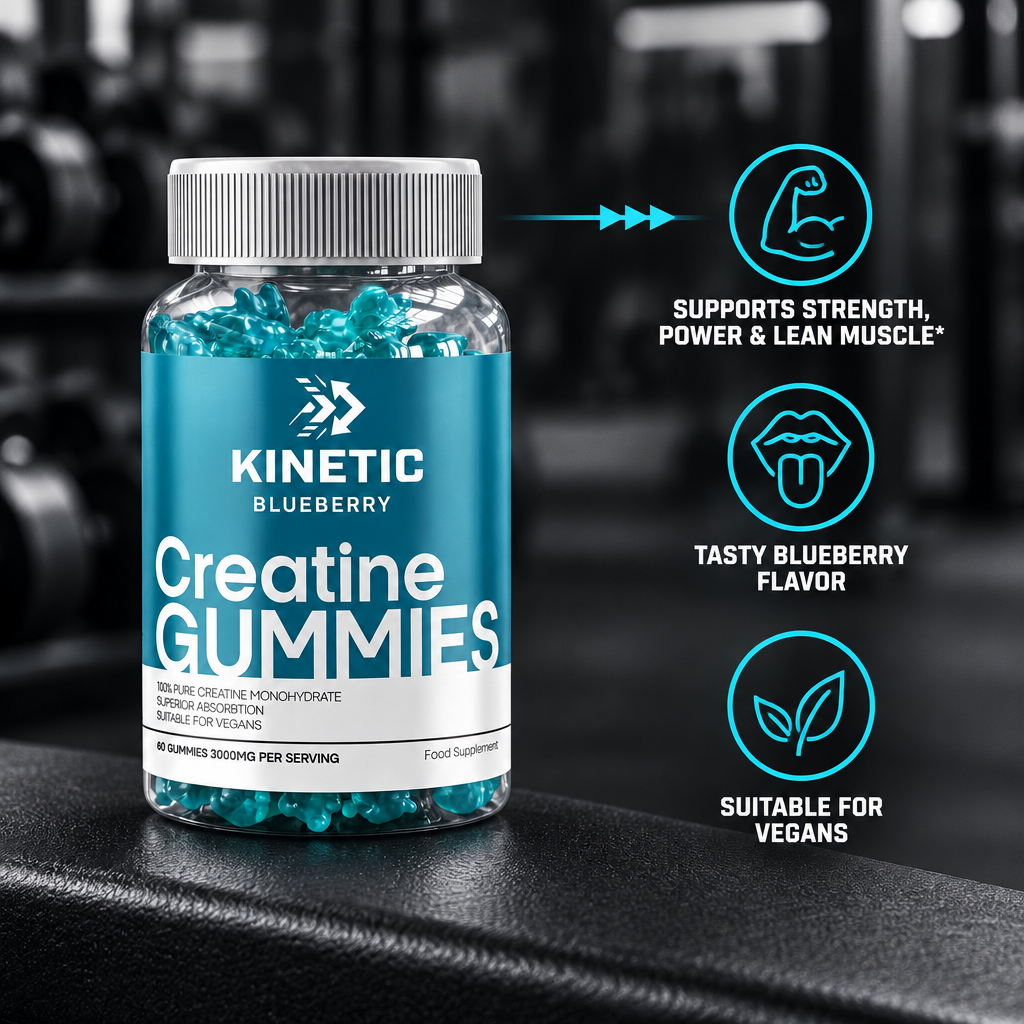 Creatine Gummies v8 - Blueberry jar on bench with benefit icons