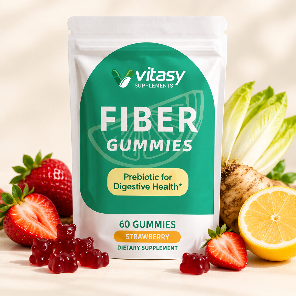 Fiber Gummies - Strawberry pouch styled with strawberries, chicory root and lemon