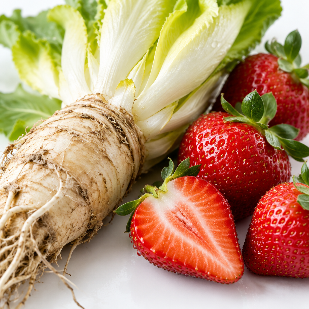 Fiber Gummies - Close-up of fresh chicory root and strawberries
