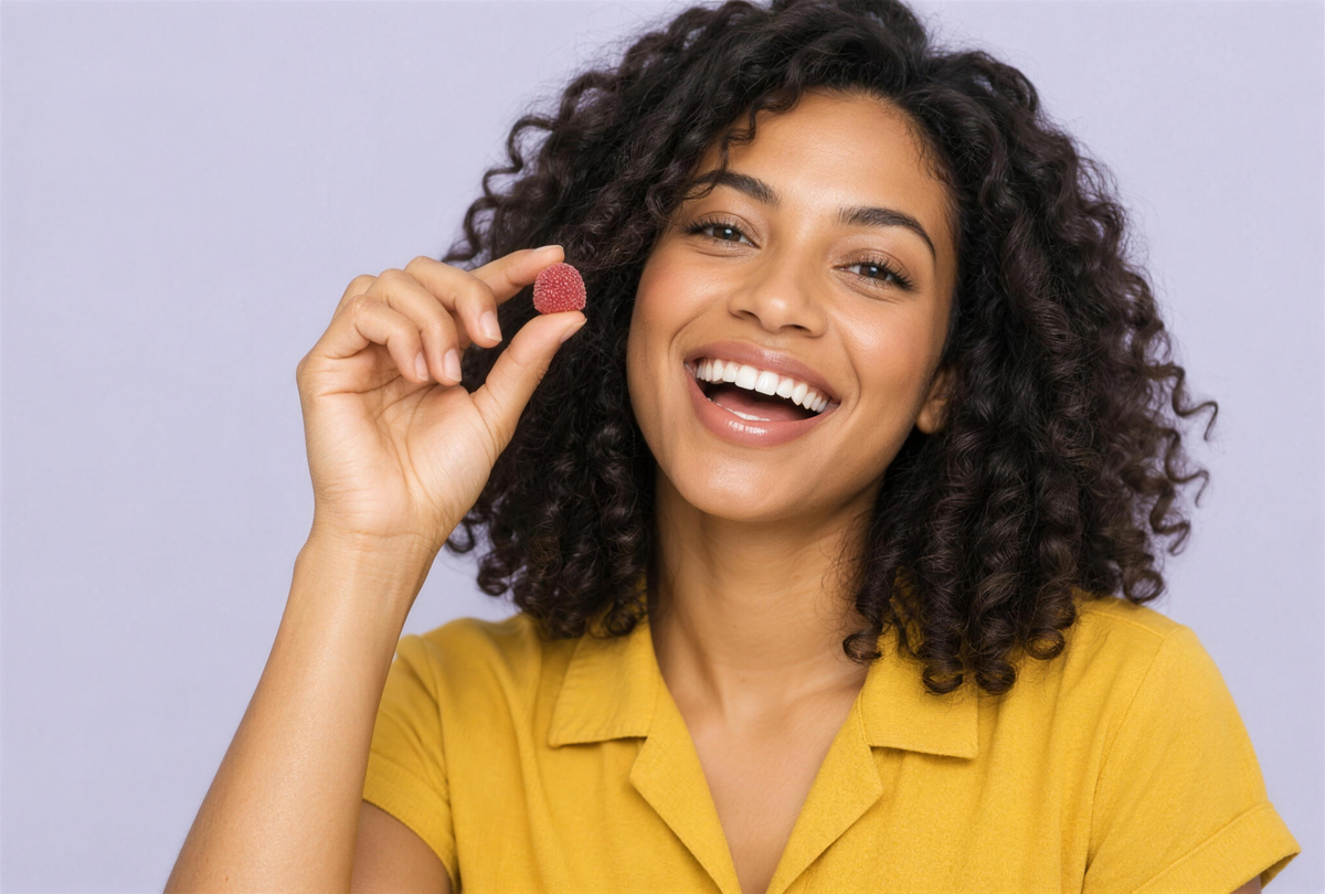 Smiling woman holding a strawberry fiber gummy